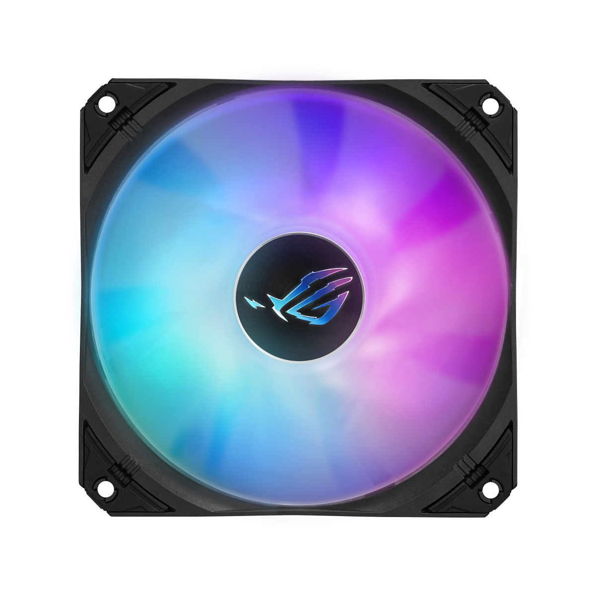 PC-ventilator met RGB-verlichting, zwart frame, close-up, witte achtergrond.