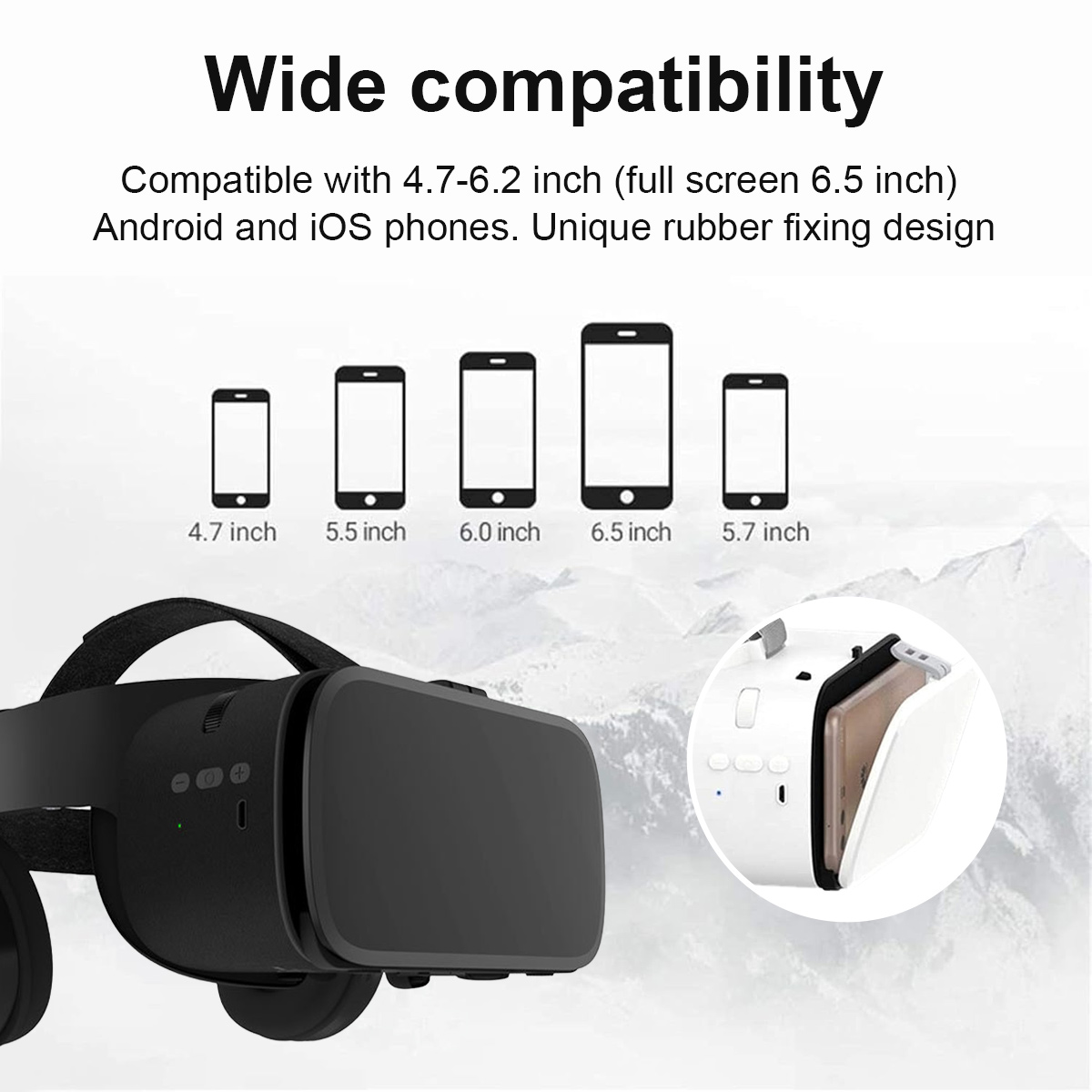VR-Headset mit Mobiltelefonen verschiedener Größen, Text über Kompatibilität.