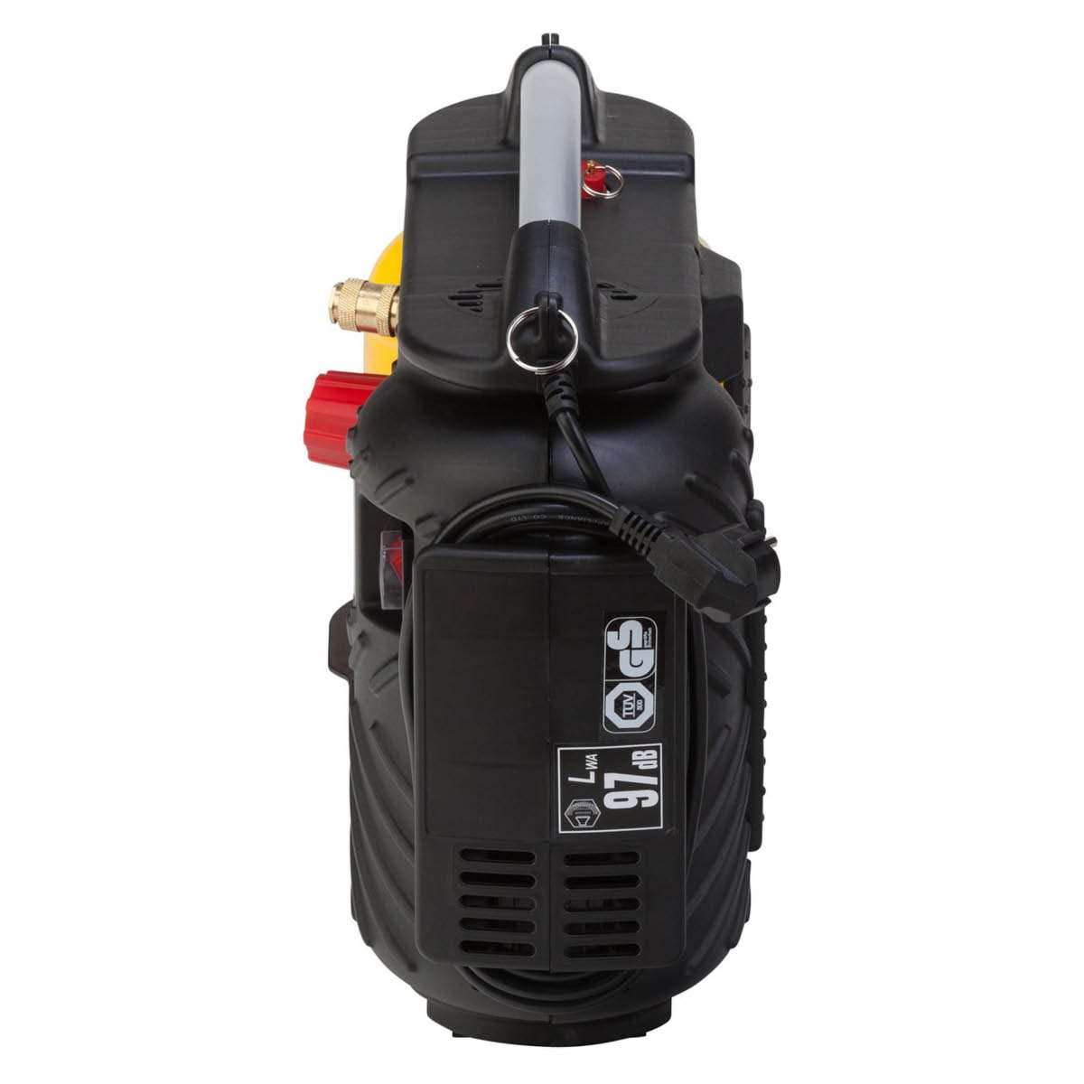 Widok z tyłu czarnej sprężarki powietrza Stanley z przewodem zasilającym, przyciskami i uchwytem.