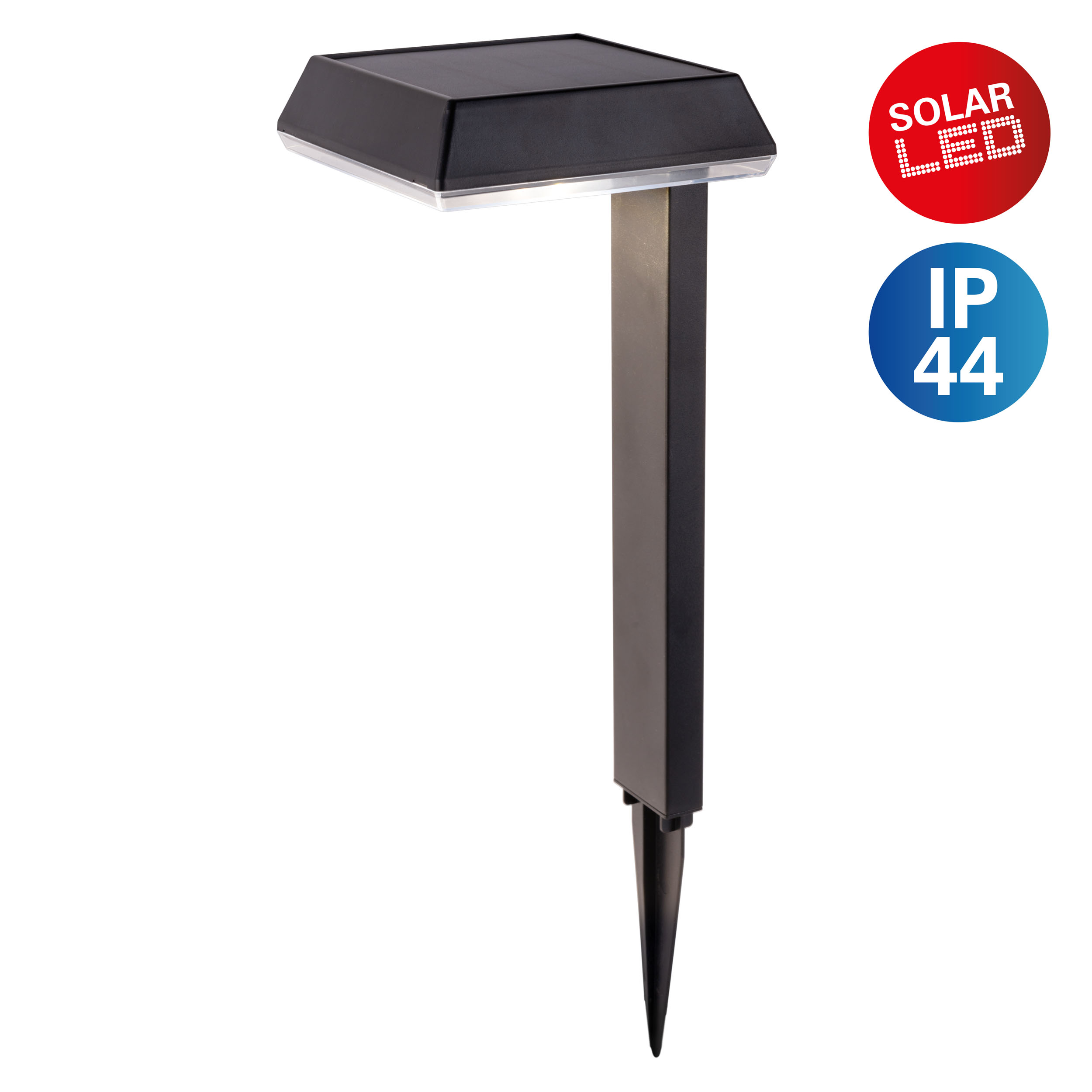 Schwarzes Solar-LED-Gartenlicht, weißer Hintergrund, mit Etiketten.