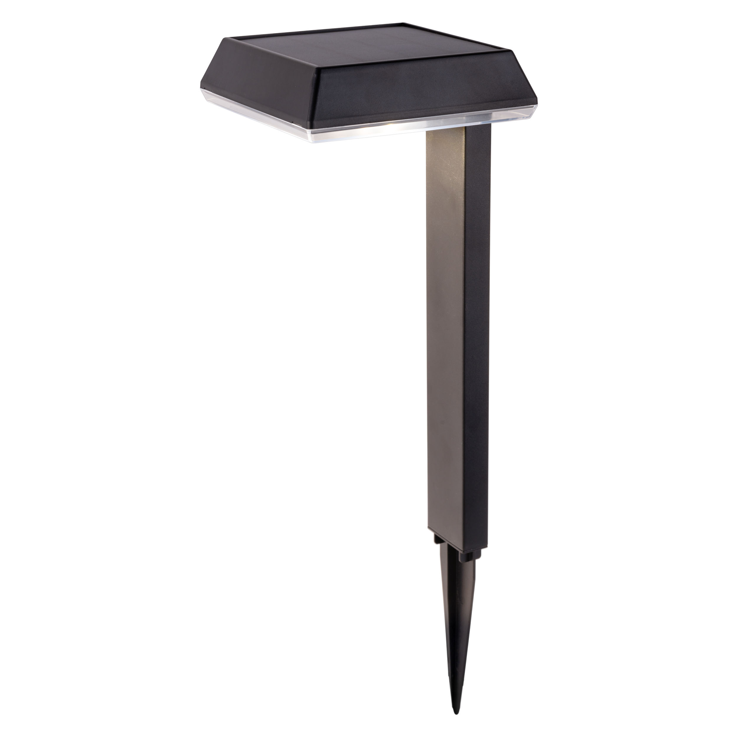 Ein schwarzes Solar-LED-Gartenlicht, weißer Hintergrund.
