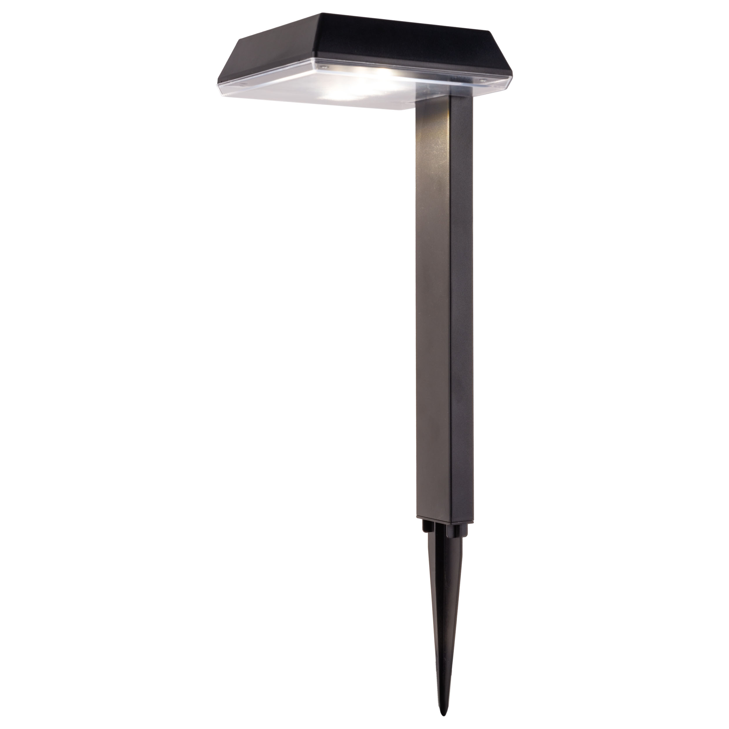 Schwarze Solar-Außenleuchte mit hellem Licht auf weißem Hintergrund. Sie hat einen Pfahl.