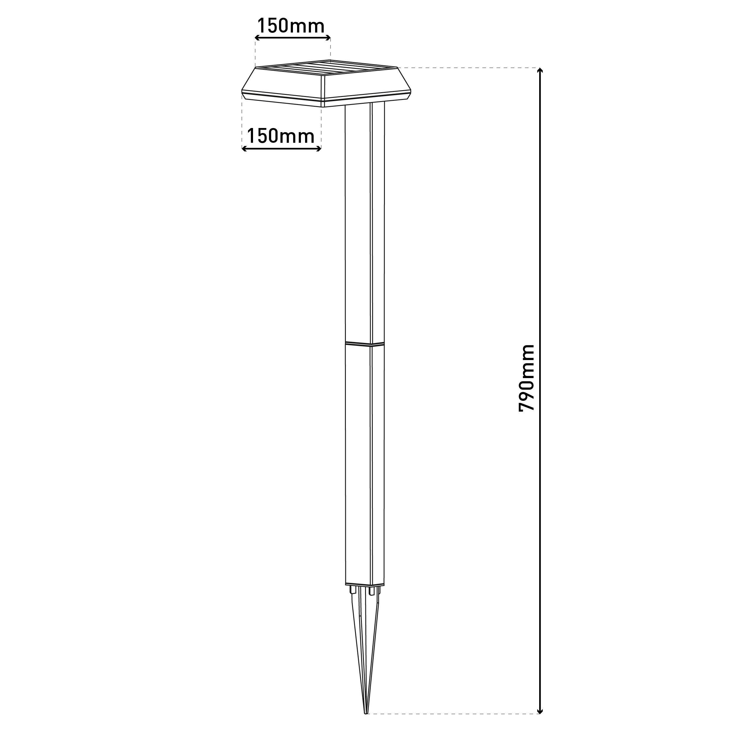 Strichzeichnung einer Solarleuchte mit Abmessungen: 150 mm x 150 mm oben und 790 mm Höhe.