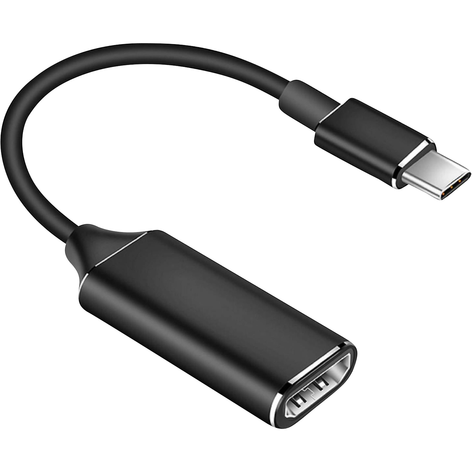 Schwarzes USB-C-zu-HDMI-Adapterkabel. Eine Seite ist USB-C, die andere HDMI.