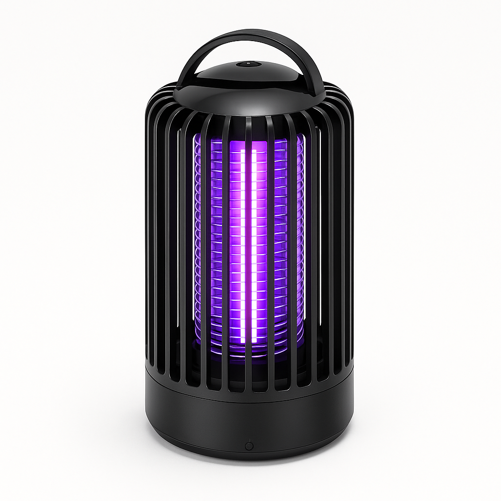 Ein schwarzer Insektenvernichter. Es hat ein Käfigdesign mit einem lila Licht im Inneren.
