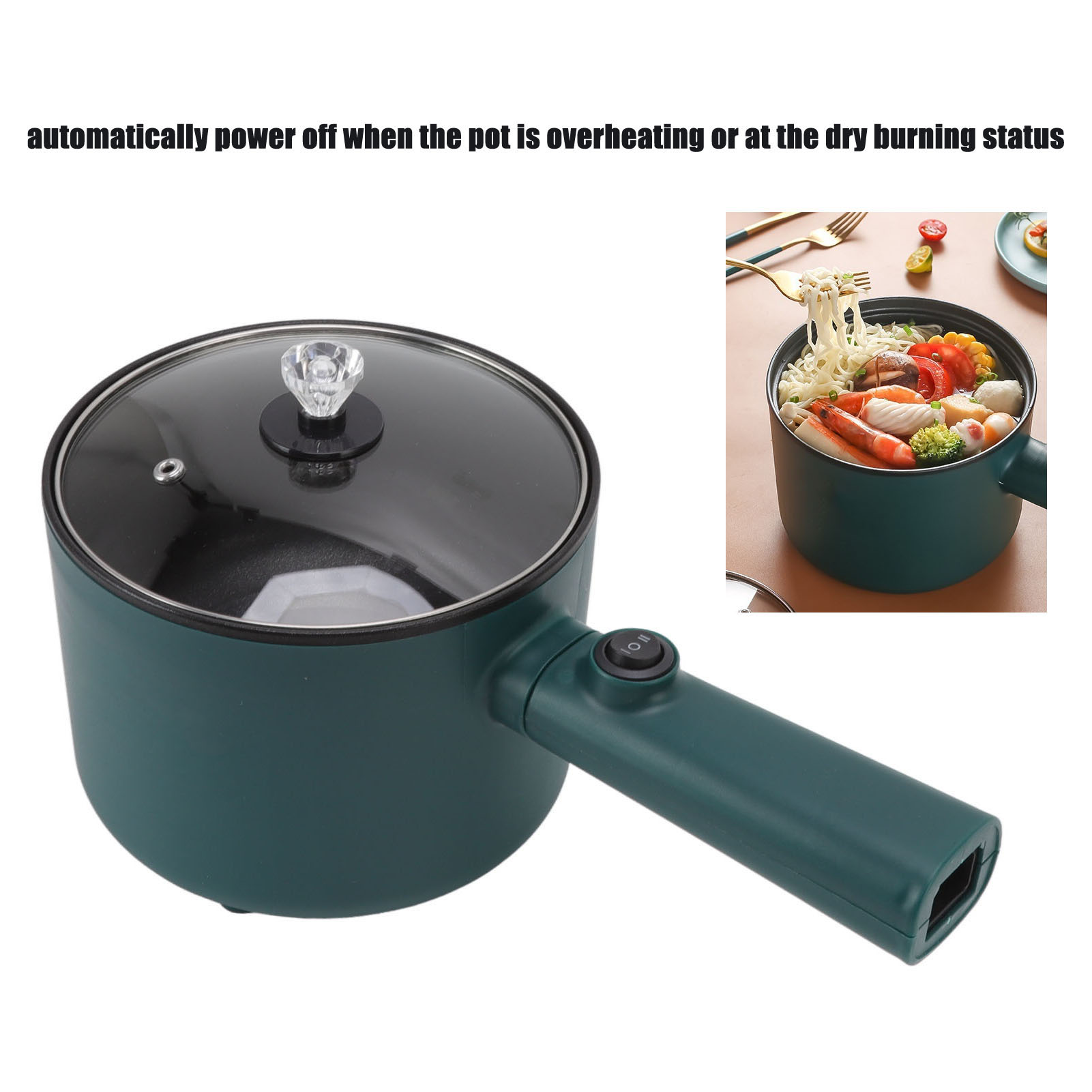 Teal elektrischer Topf mit Griff und Deckel. Ein kleineres Bild zeigt Essen im Topf.