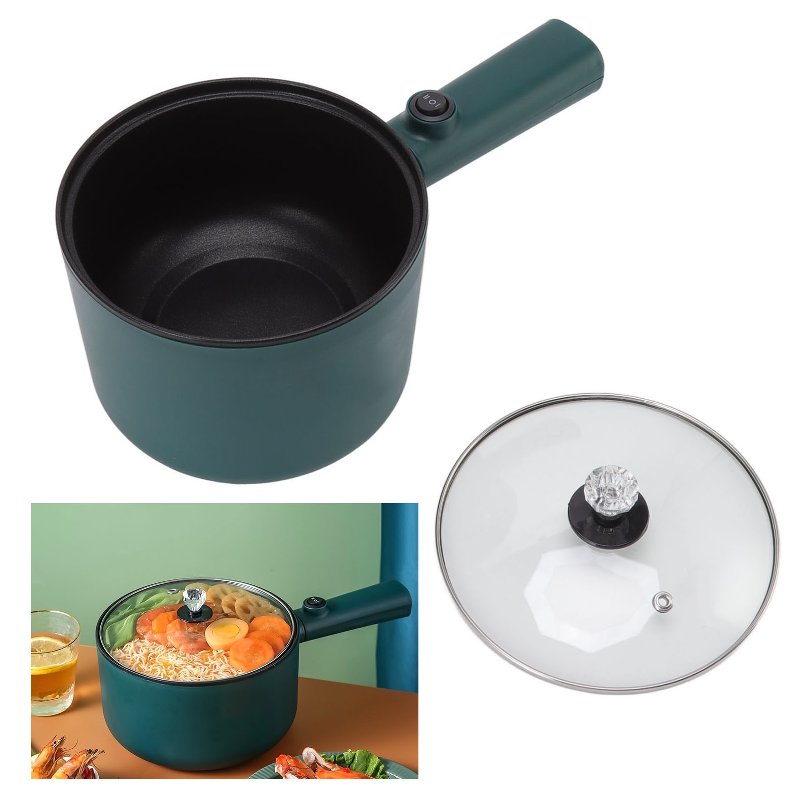 Ein teal-farbener Kochtopf mit Griff und Deckel. Enthält Essen. Auch ein Deckel und Griff sind sichtbar.