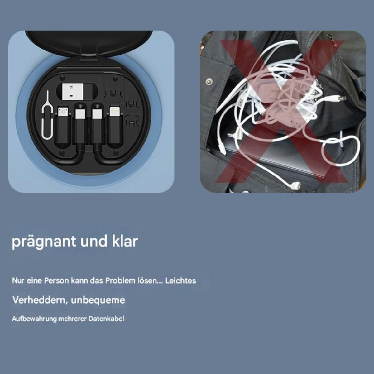 Ein weißes Etui mit Adaptern und eine unordentliche Tasche mit Kabeln. Das Etui ist geöffnet.