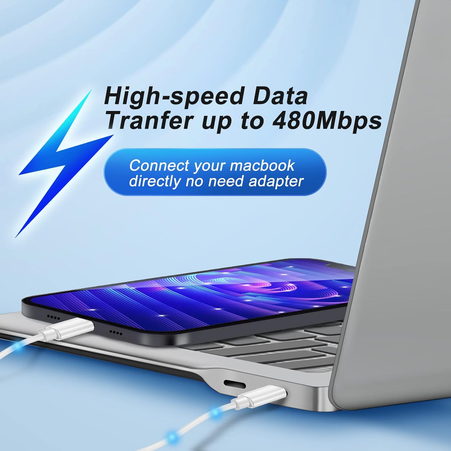 Laptop mit Telefon über ein weißes Kabel verbunden. Text: Hochgeschwindigkeits-Datenübertragung bis zu 480 Mbit/s.