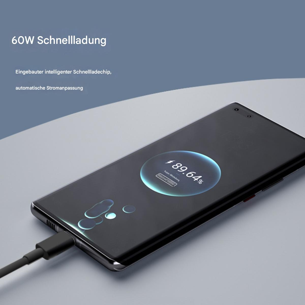 Ein schwarzes Telefon, das mit einem Kabel geladen wird. Der Bildschirm zeigt einen Ladeprozentsatz von 89,64%.