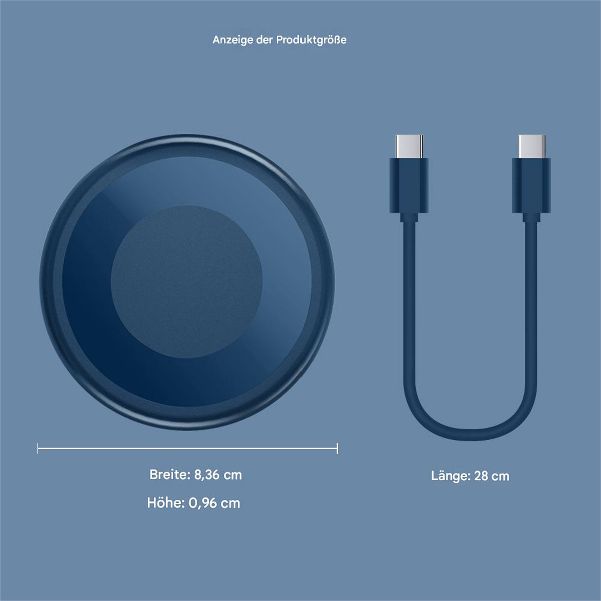 Ein blaues Ladepad und ein Kabel sind abgebildet. Das Pad ist rund, das Kabel U-förmig mit USB-C-Enden.