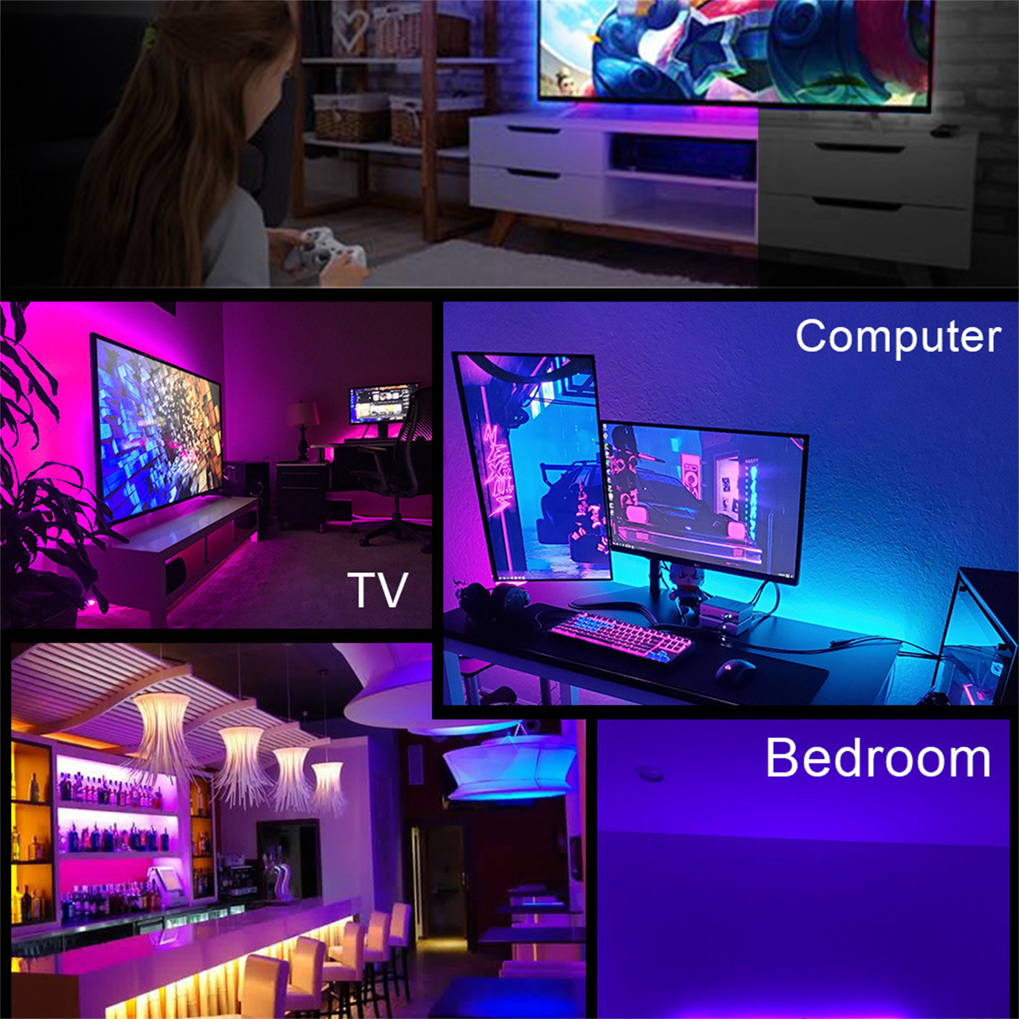 Eine Collage zeigt LED-Streifen in einem TV-Setup, einem Computer, einem Schlafzimmer und einer Bar, alle mit farbiger Beleuchtung.