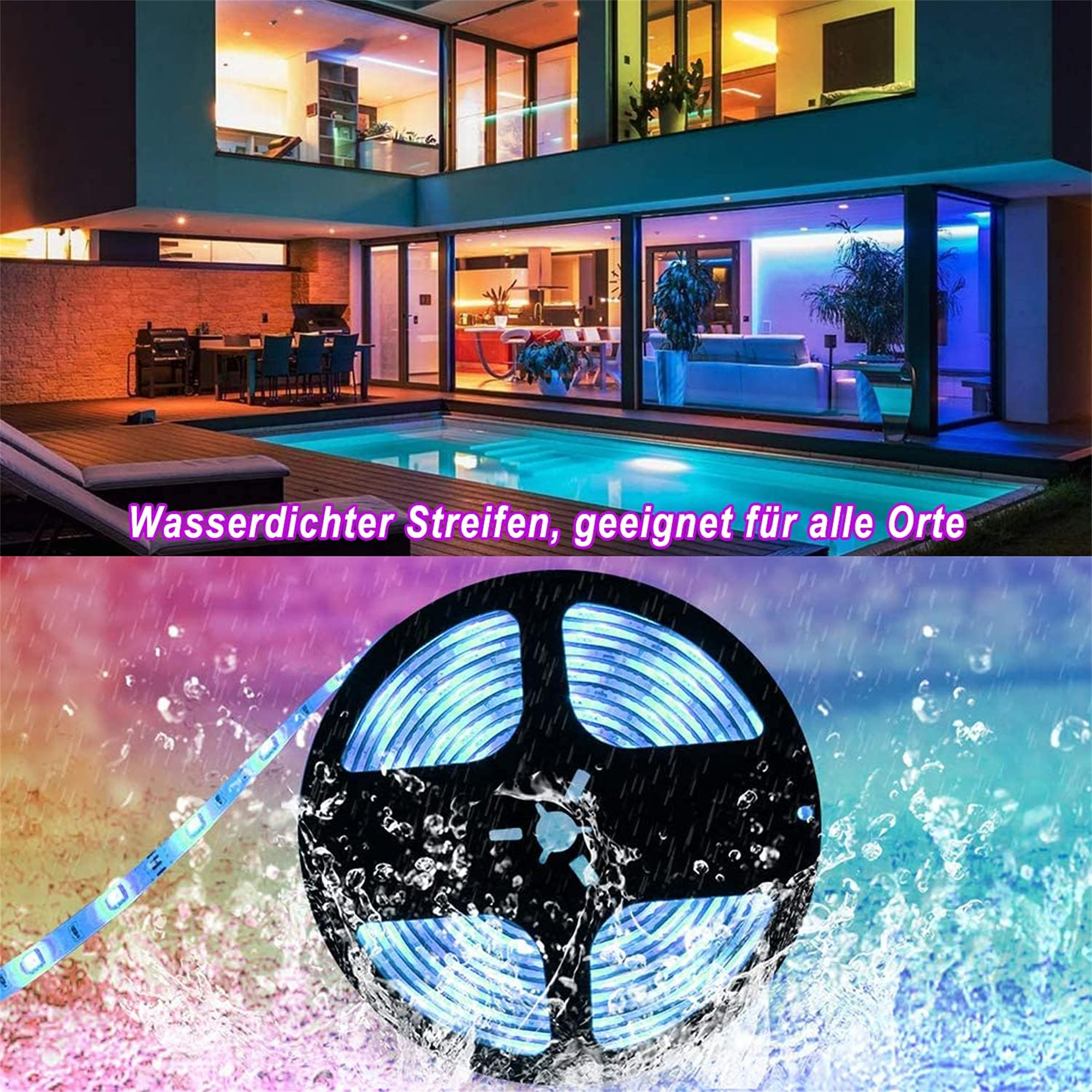 Ein Pool mit blauen LED-Streifen. Der Himmel ist bewölkt.