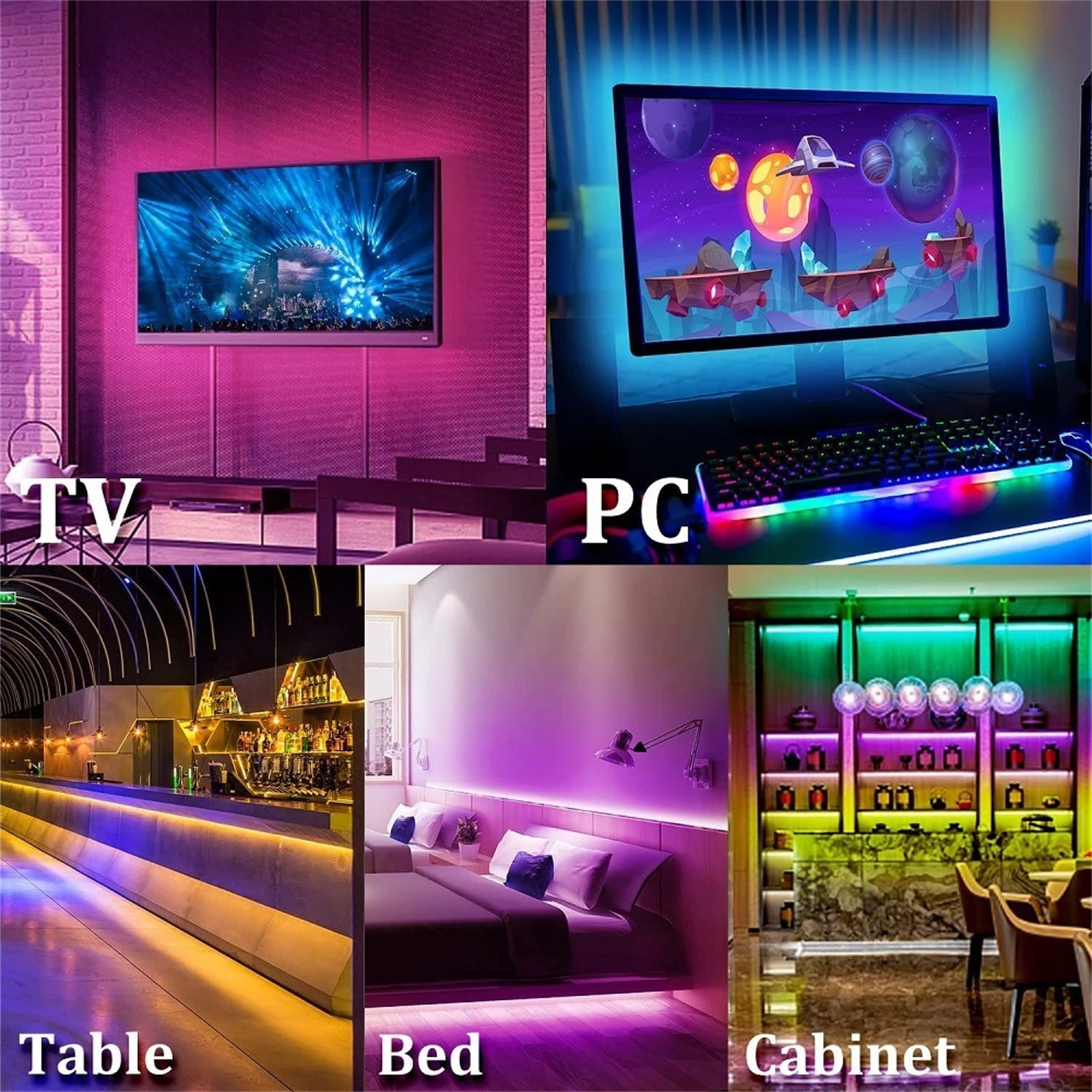 Eine Collage zeigt LED-Streifen an einem Fernseher, einem Computer, einem Tisch, einem Bett und einem Schrank.