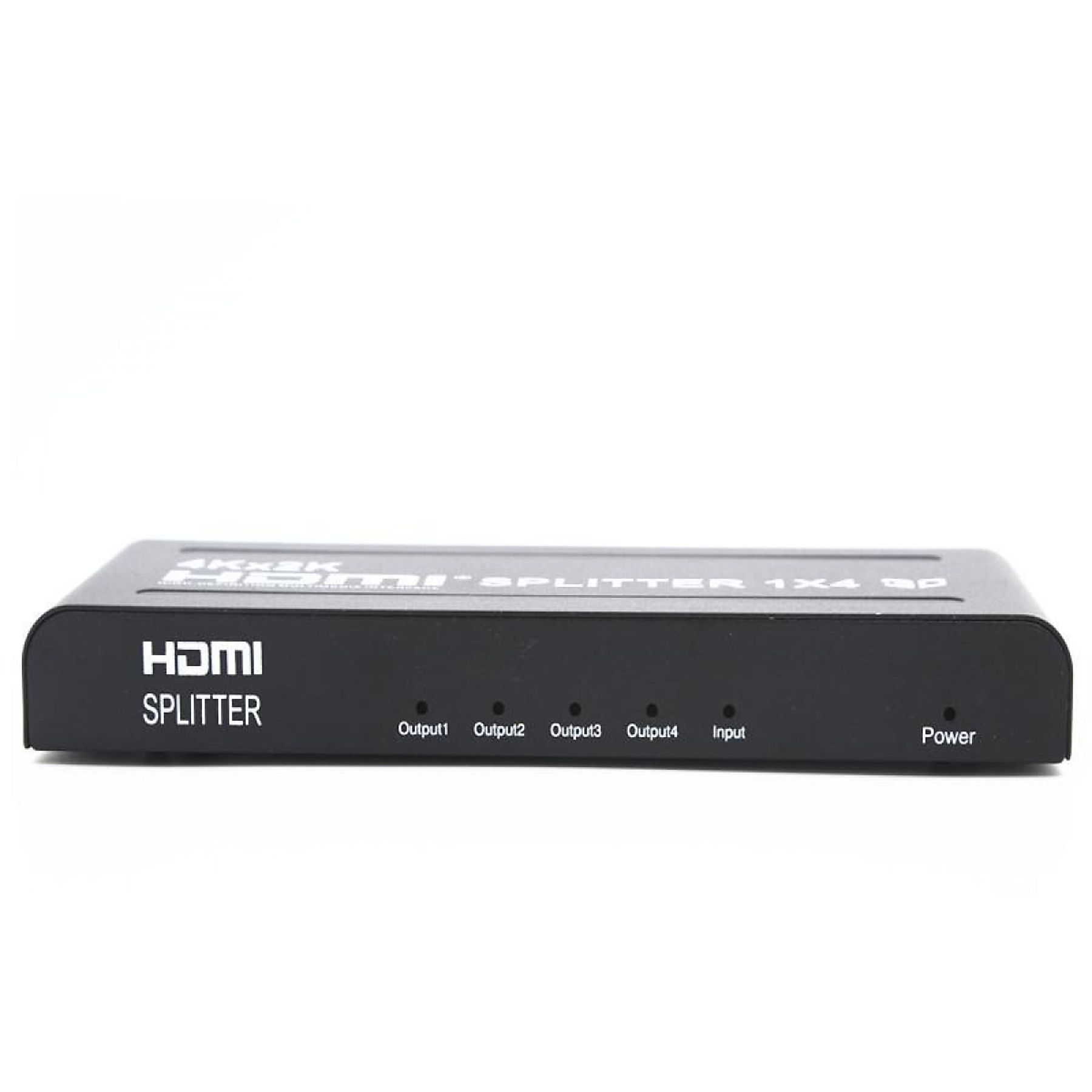 Schwarzer HDMI-Splitter mit Ein-/Ausgängen. Gerät auf weißem Hintergrund. Text ist sichtbar.