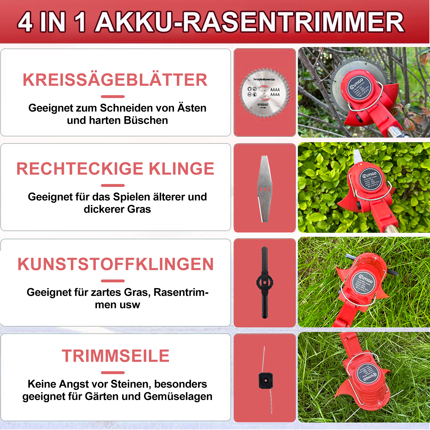 4-in-1 Akku-Rasentrimmer mit verschiedenen Messern: Säge, Rechteck, Kunststoff und Faden. Grüner Gras Hintergrund.