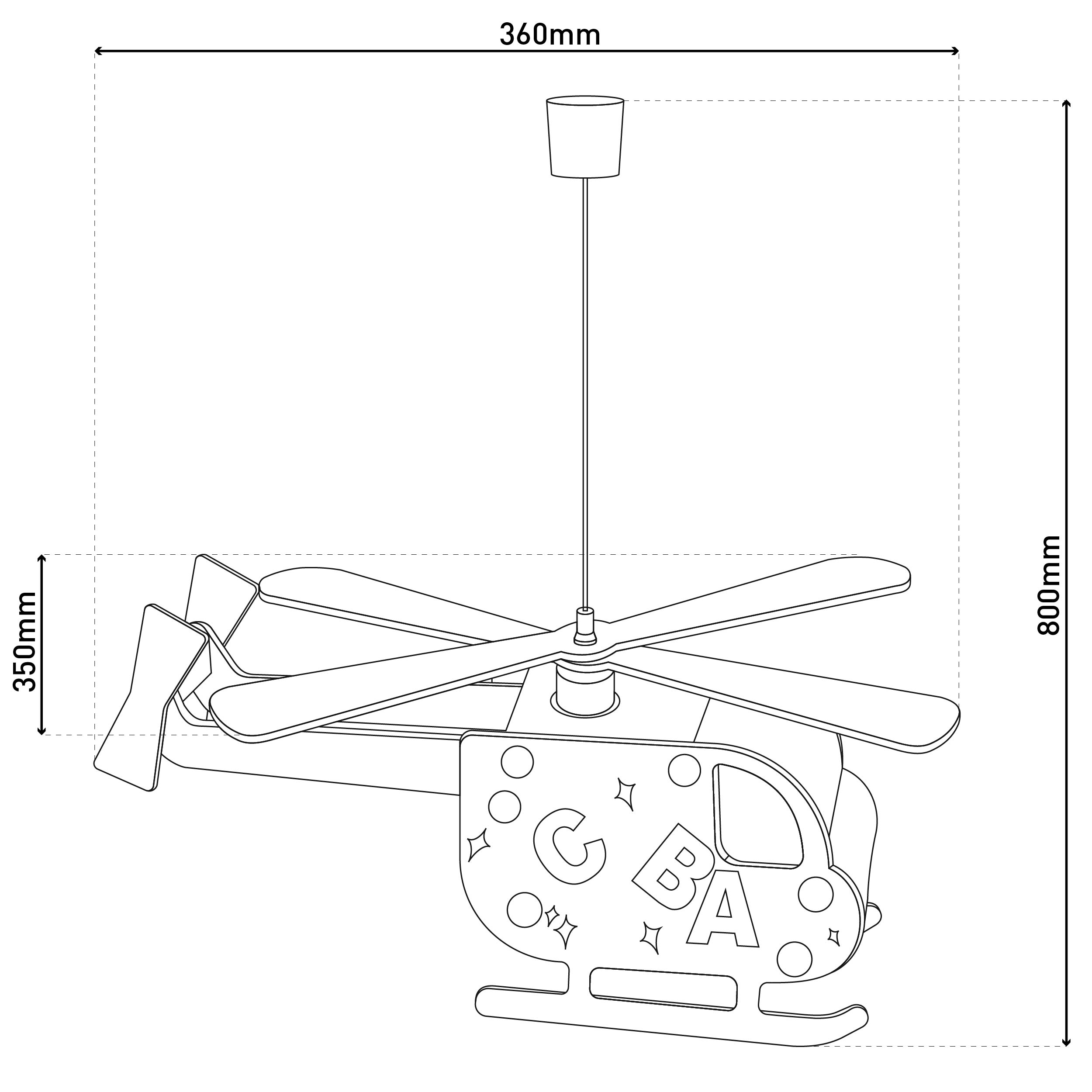Helikopter-Leuchte mit Maßen, Schwarzweiß, weißer Hintergrund.
