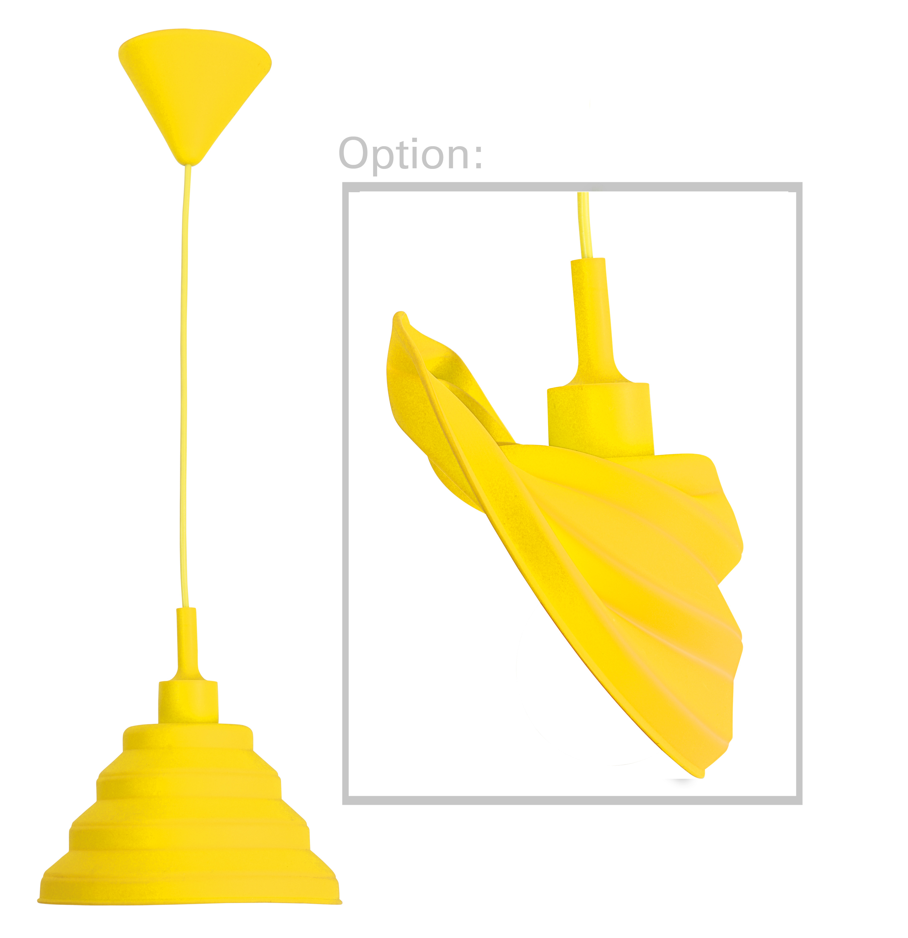 Gelbe Pendelleuchte mit Kegelform, plus Detailansicht in Box.