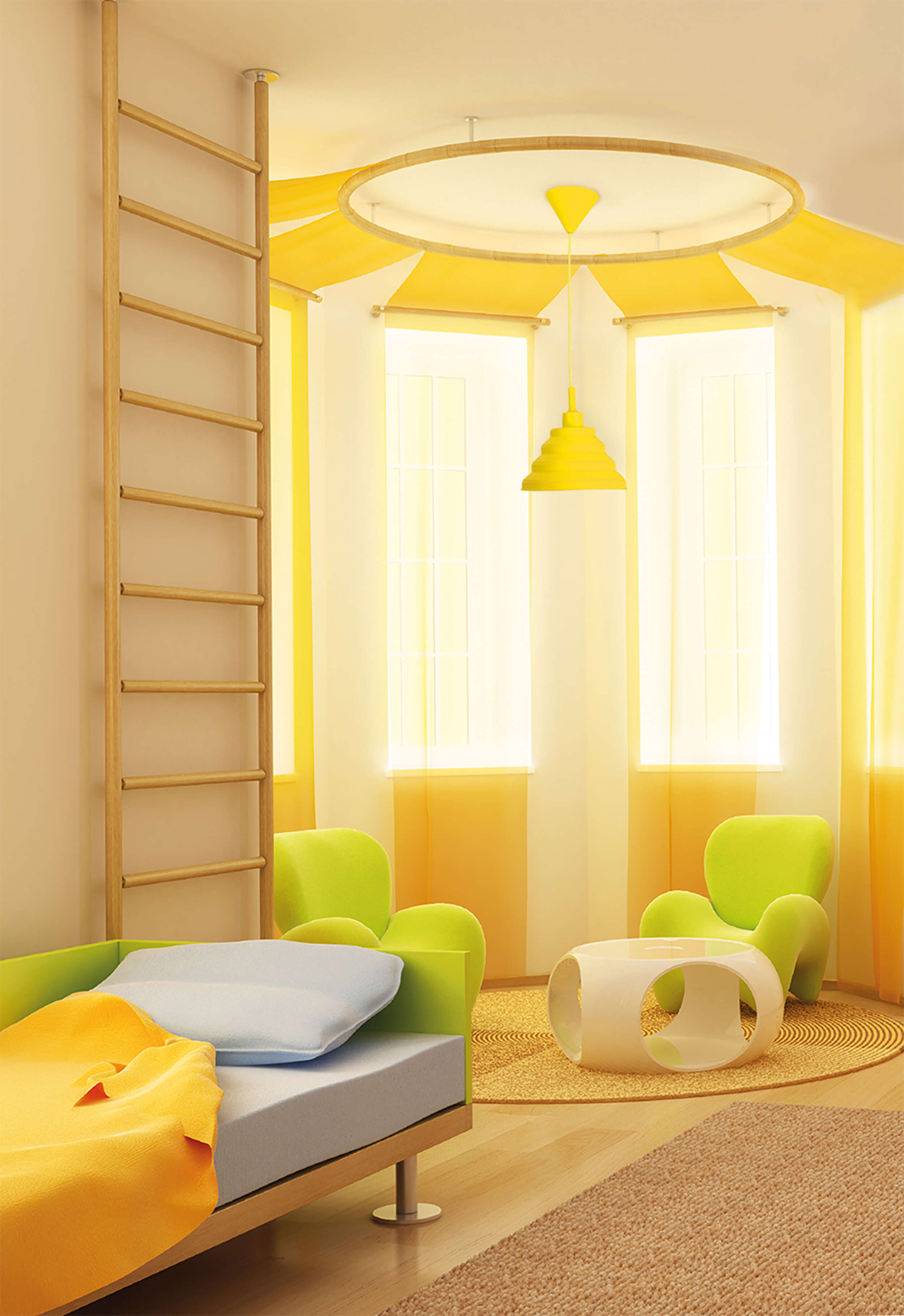 Ein Kinderzimmer mit Bett, Stühlen und einer Pendelleuchte in Gelb.