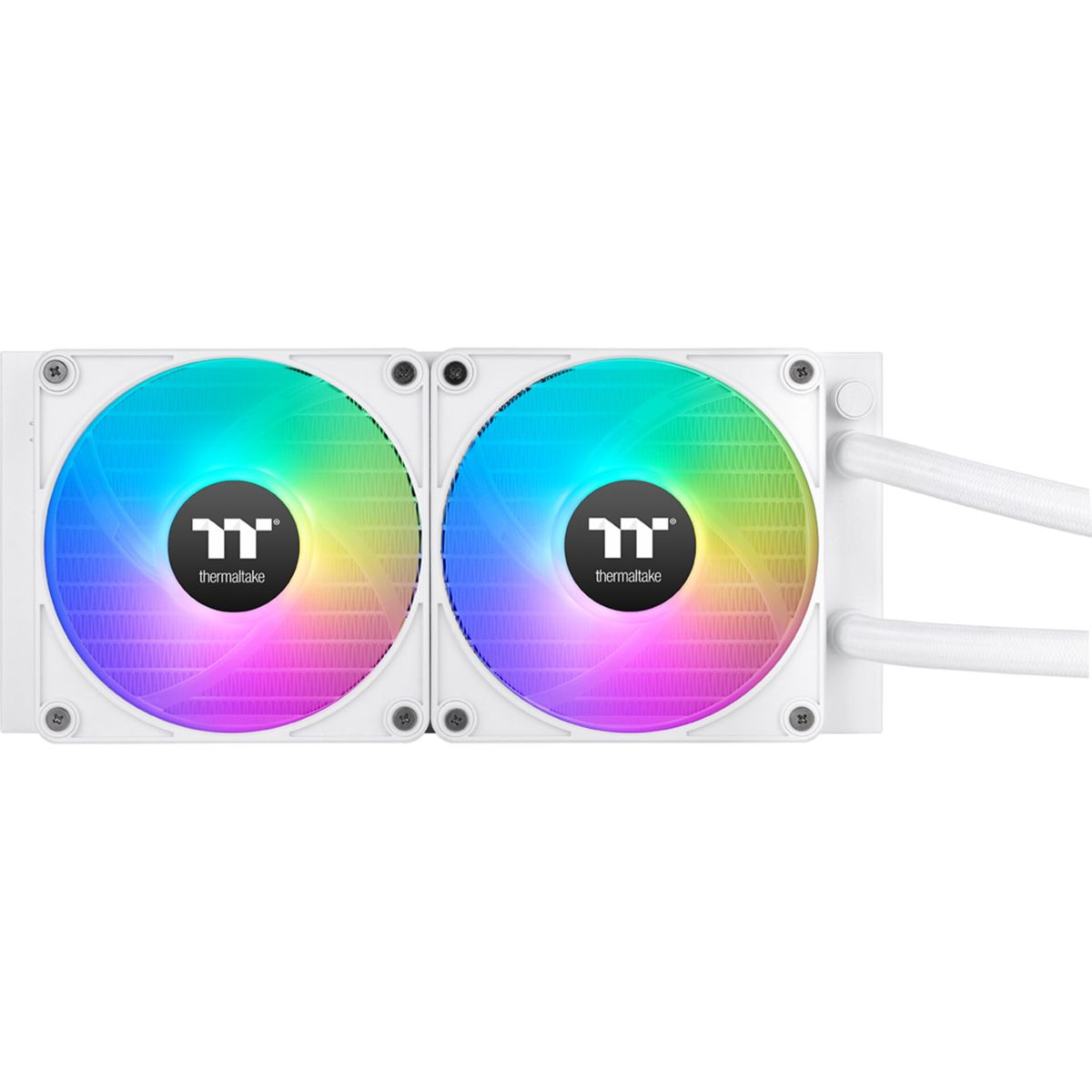 Dwa białe wentylatory z kolorowym oświetleniem RGB. Wentylatory są zamontowane na białej chłodnicy.