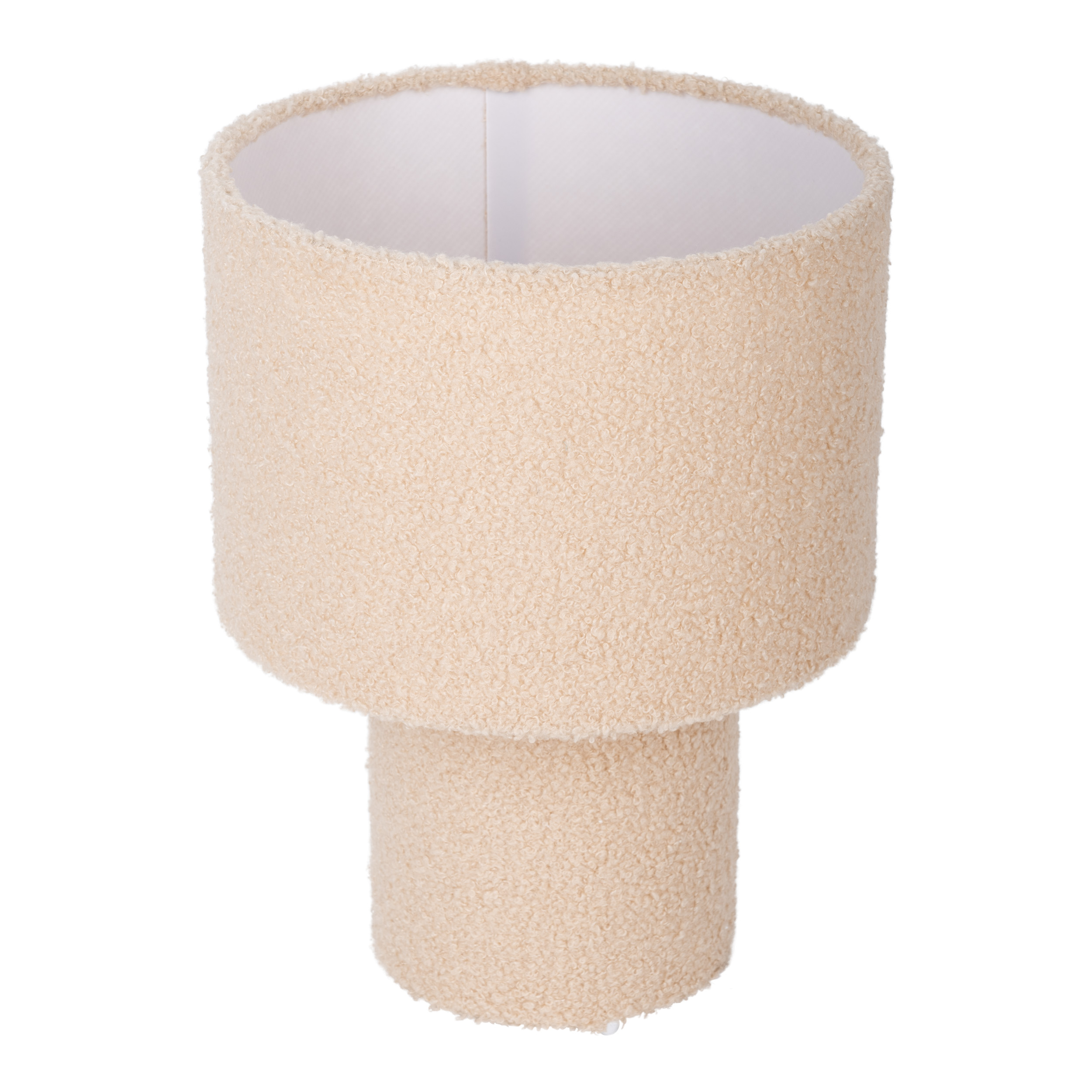 Beige Lampe mit zylindrischem Sockel und breiterem, strukturiertem Lampenschirm, beide aus weichem Stoff.