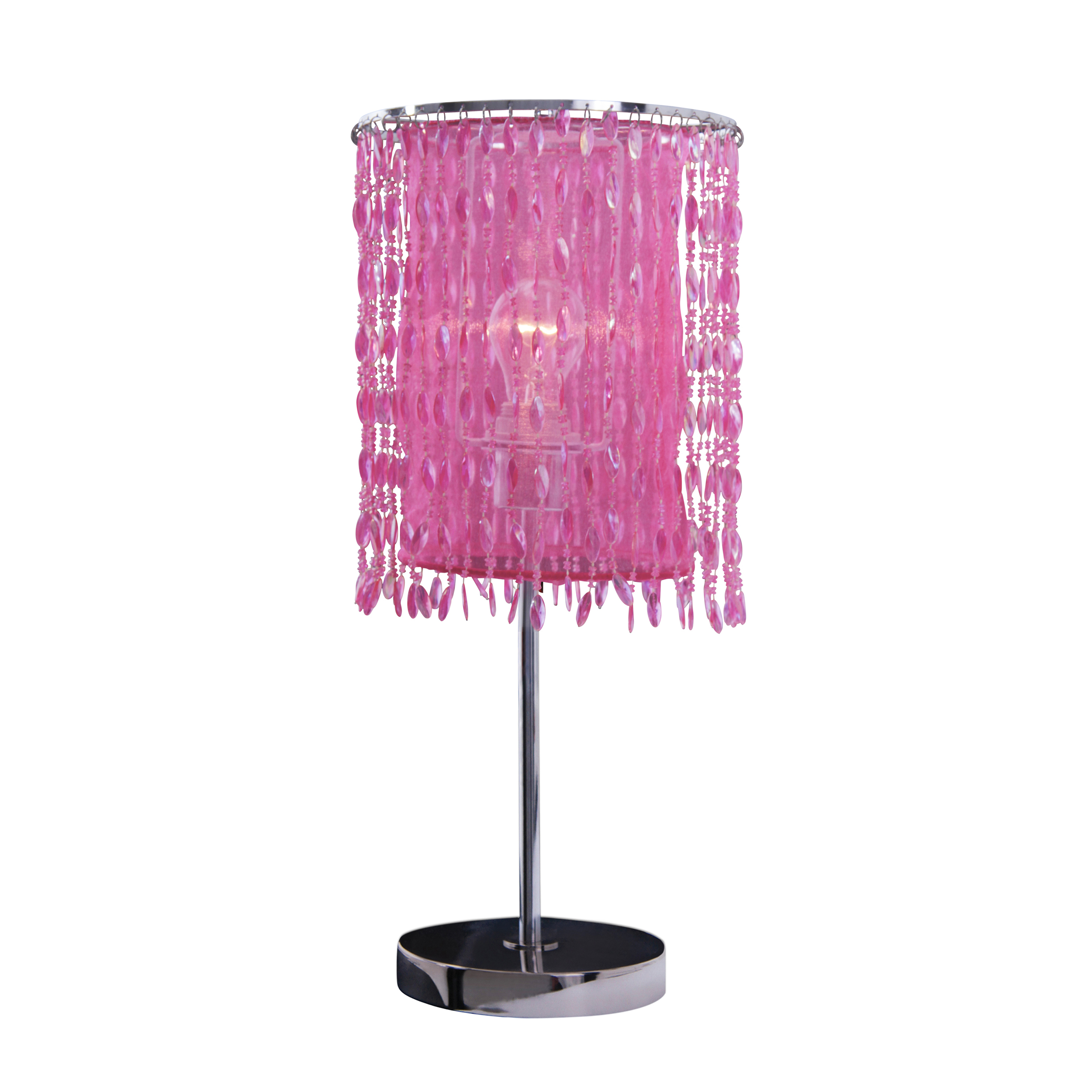 Rosafarbene Tischlampe mit zylindrischem Schirm, bedeckt mit hängenden rosa Perlen. Der Fuß ist Metall.