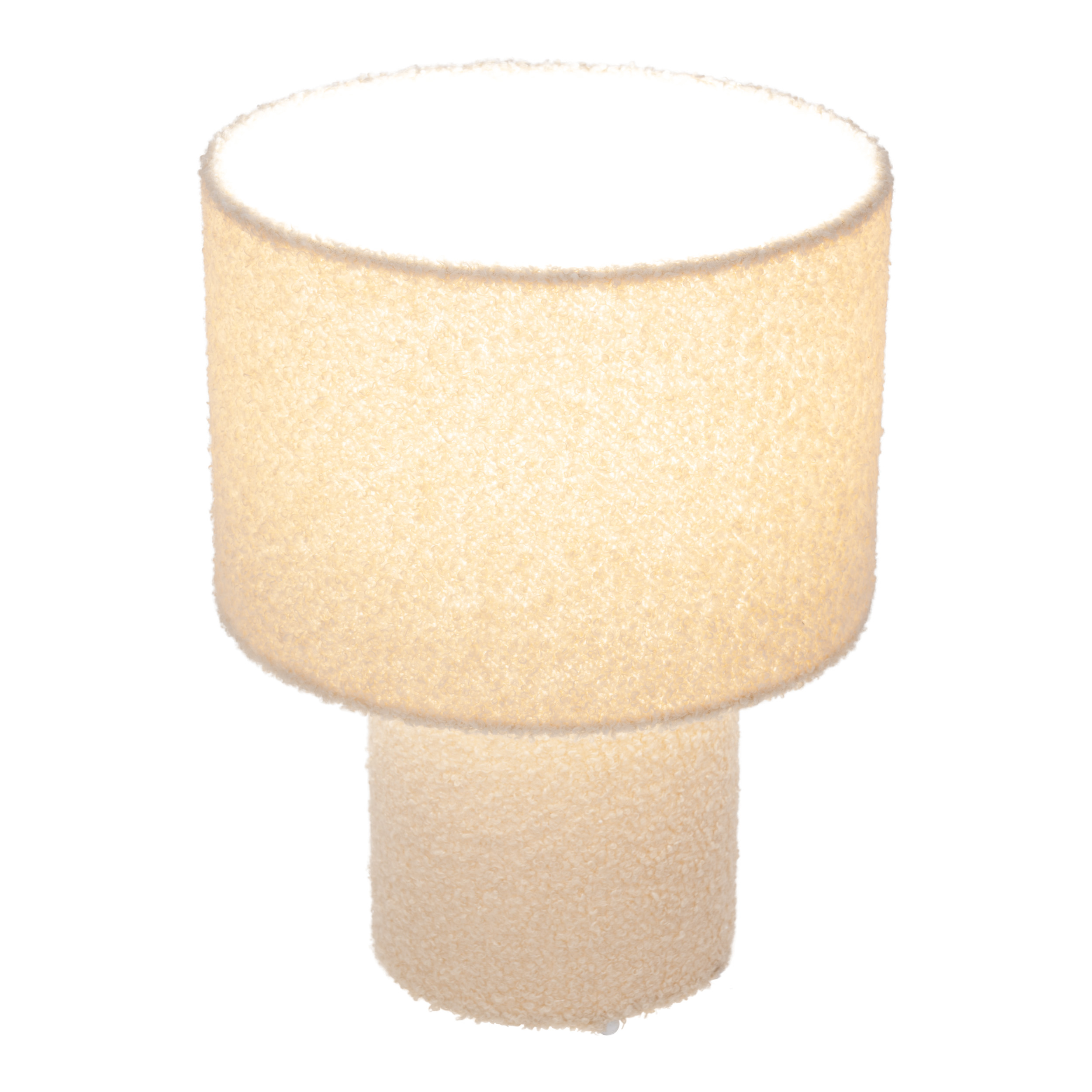 Eine beige Tischlampe mit zylindrischem Schirm und Sockel.