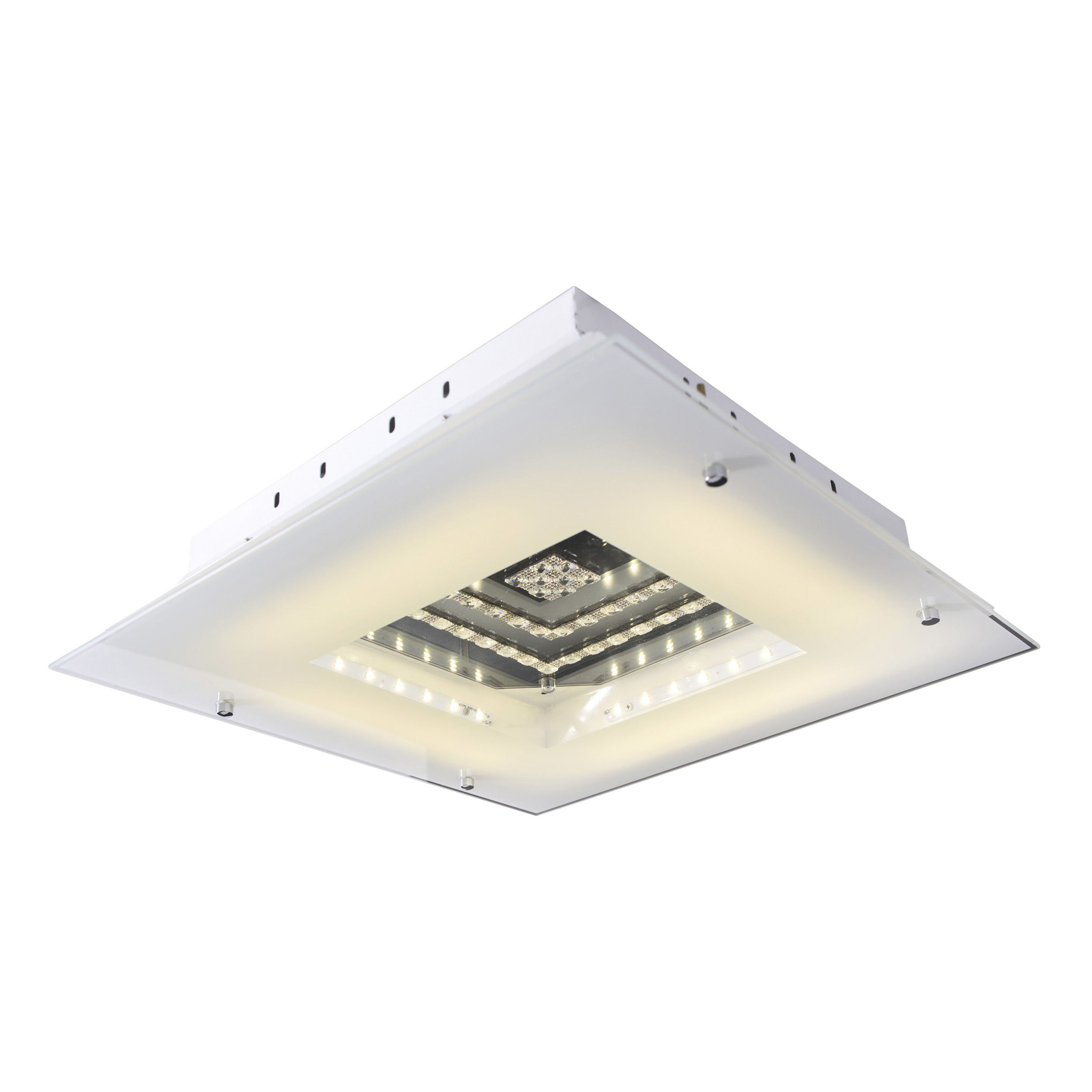 Quadratische Deckenleuchte mit Glasplatte und quadratischem Lichtfeld. Das Lichtfeld ist beleuchtet.