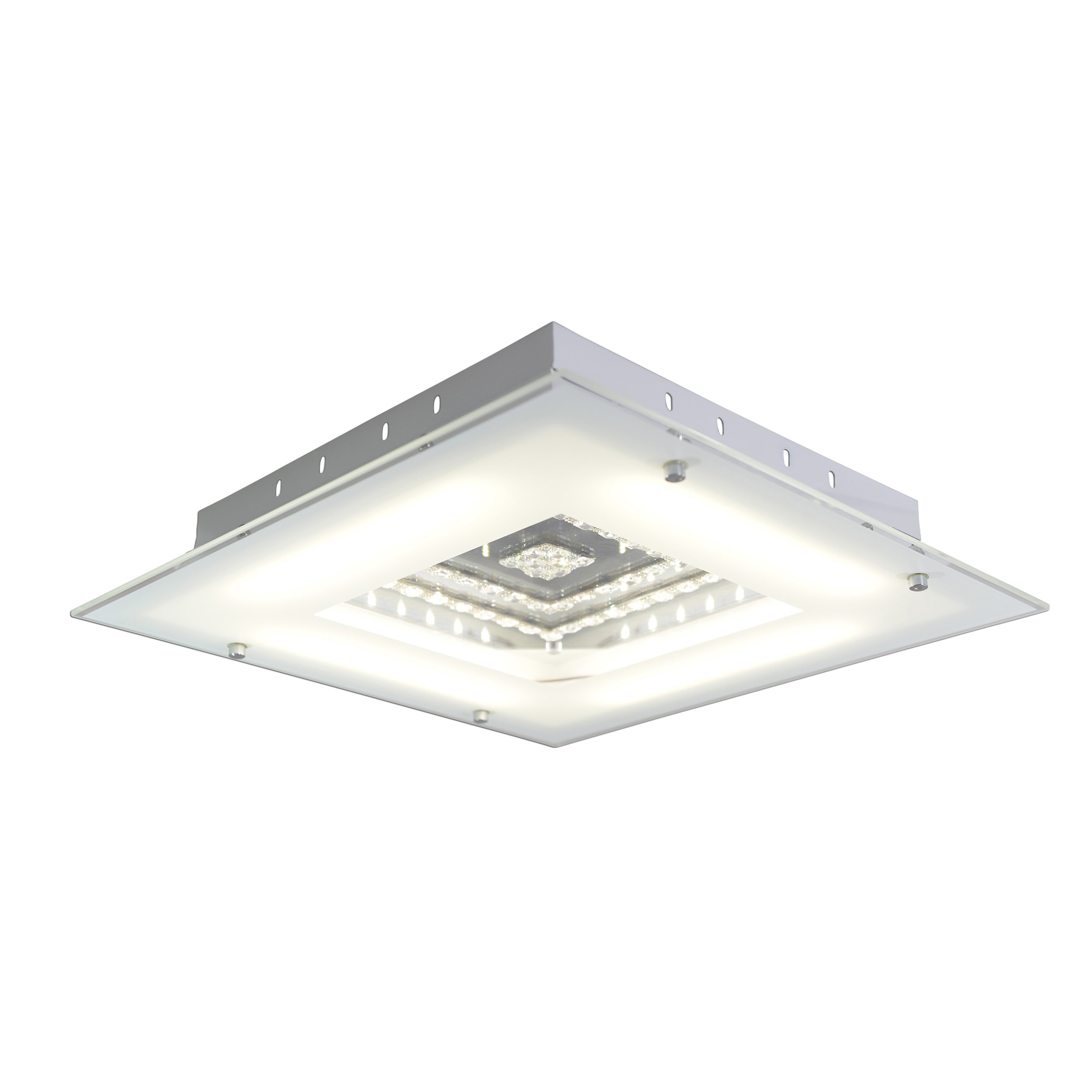 Quadratische Deckenleuchte mit klarer Glasscheibe und einem Quadrat aus Lichtern. Weißer Hintergrund.