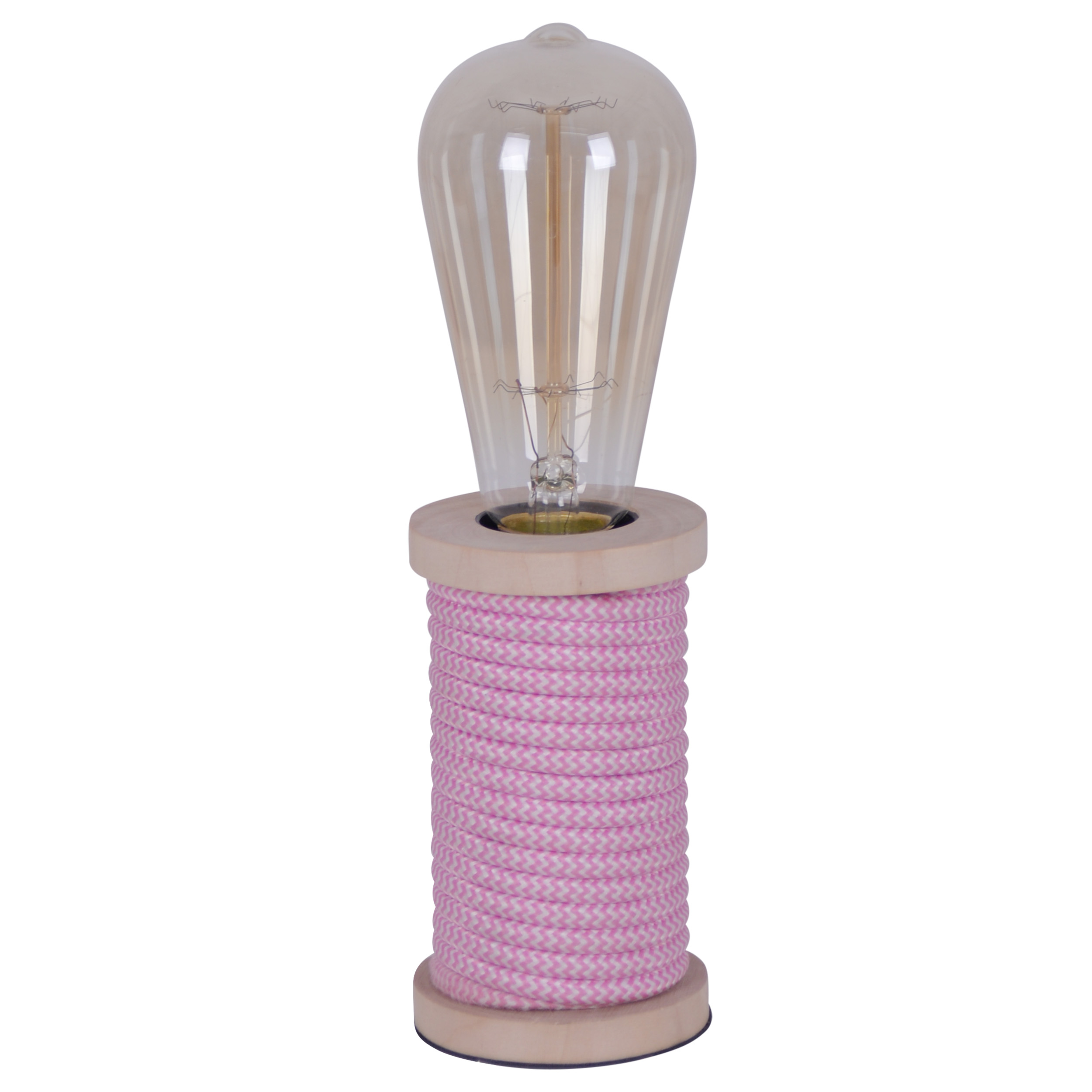 Eine rosa und Glühbirnenlampe mit Holzsockel.