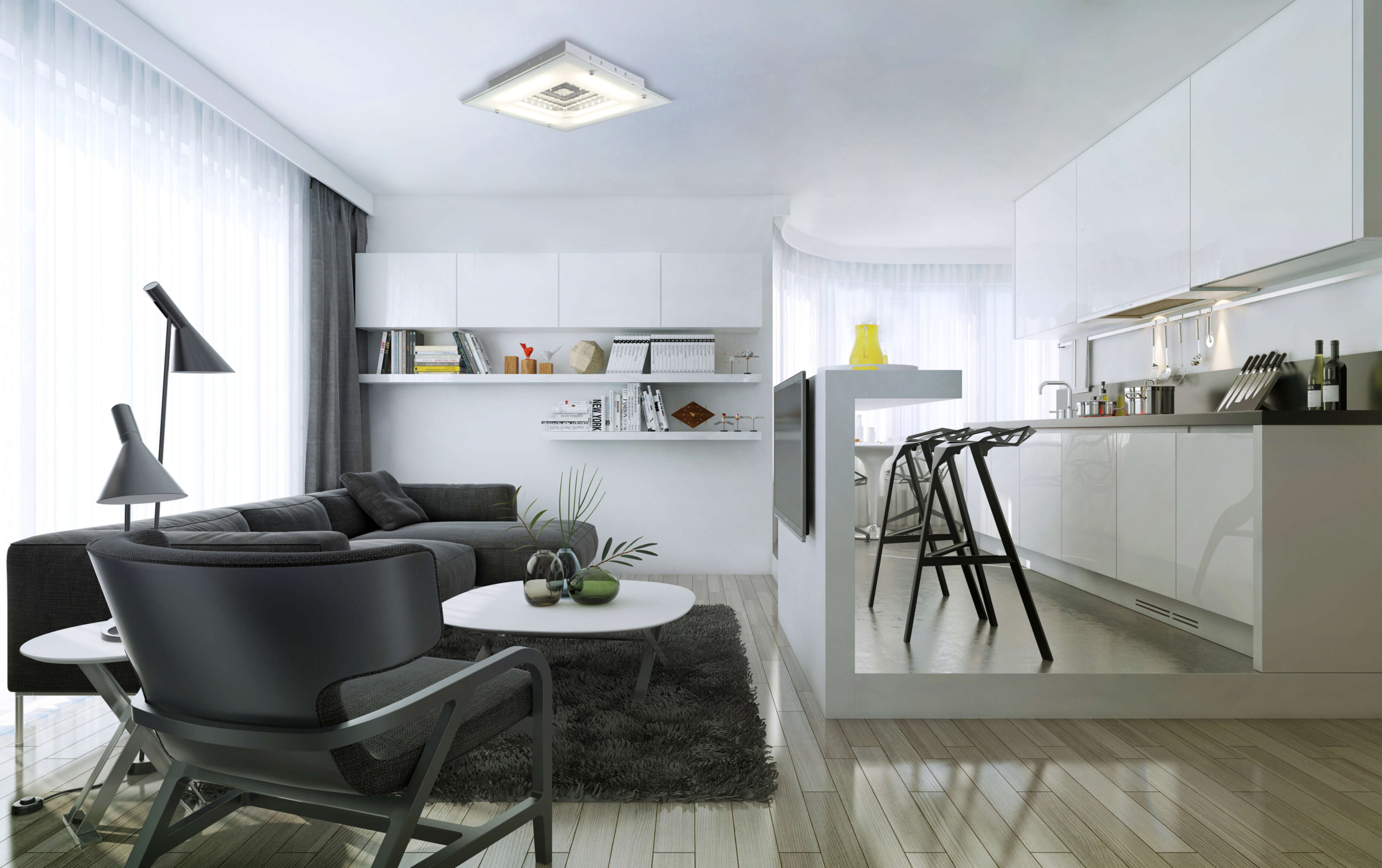 Ein modernes Wohnzimmer mit weißen Wänden, dunklem Sofa und Deckenleuchte.