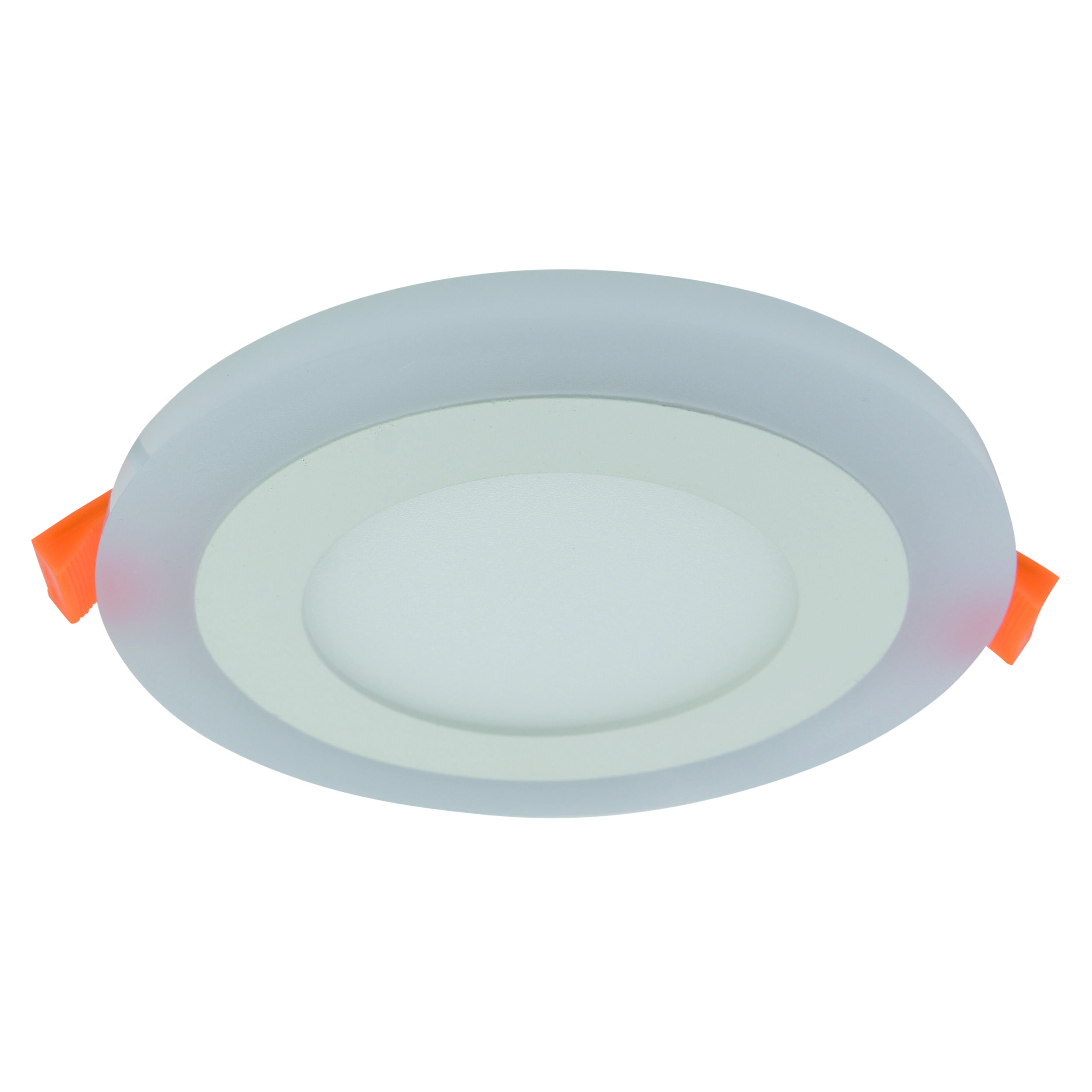 Kreisförmige Deckenleuchte mit weißem und grauem Ringdesign. Orangefarbene Laschen an den Seiten. Weißer Hintergrund.