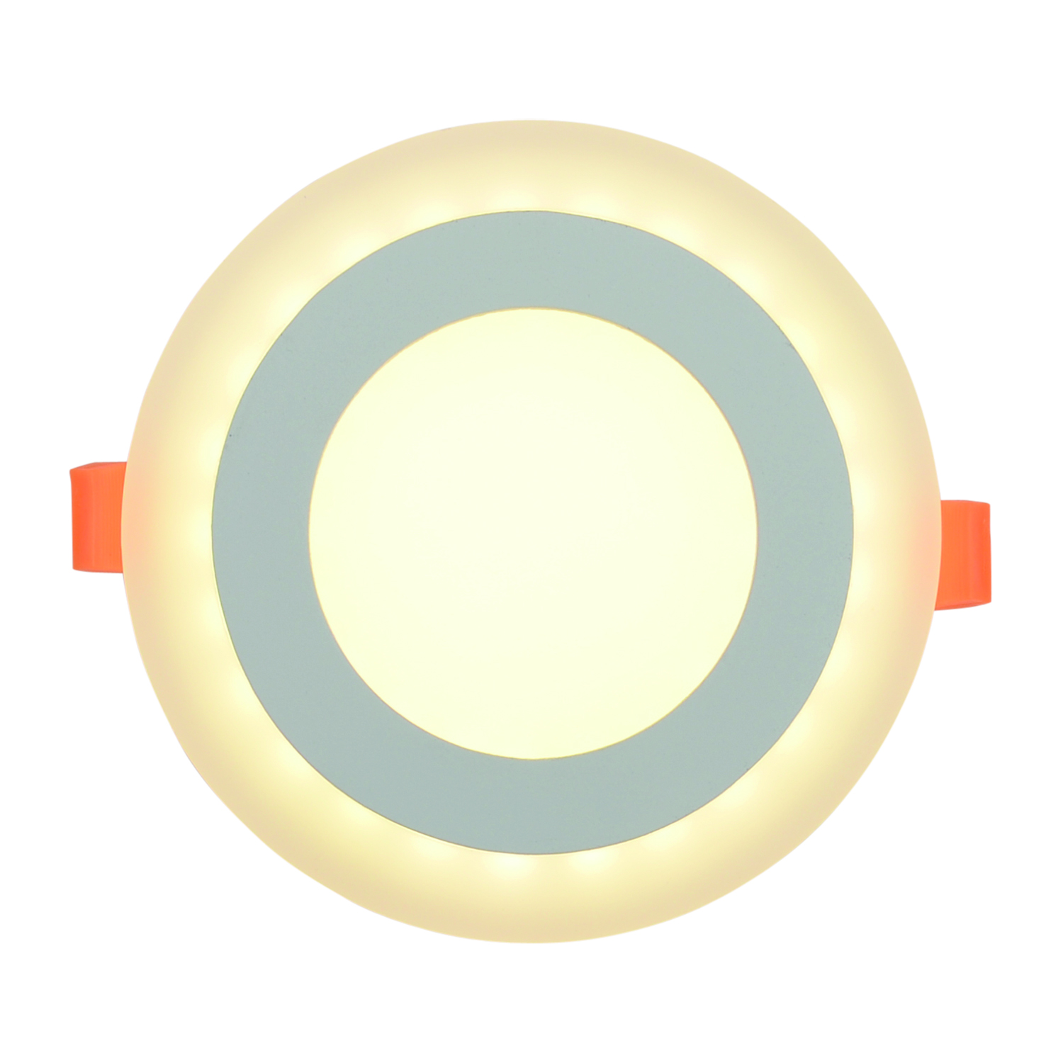 Eine kreisförmige Deckenleuchte mit weißem und grauem Ringdesign. Orangefarbene Laschen an den Seiten. Weißer Hintergrund.