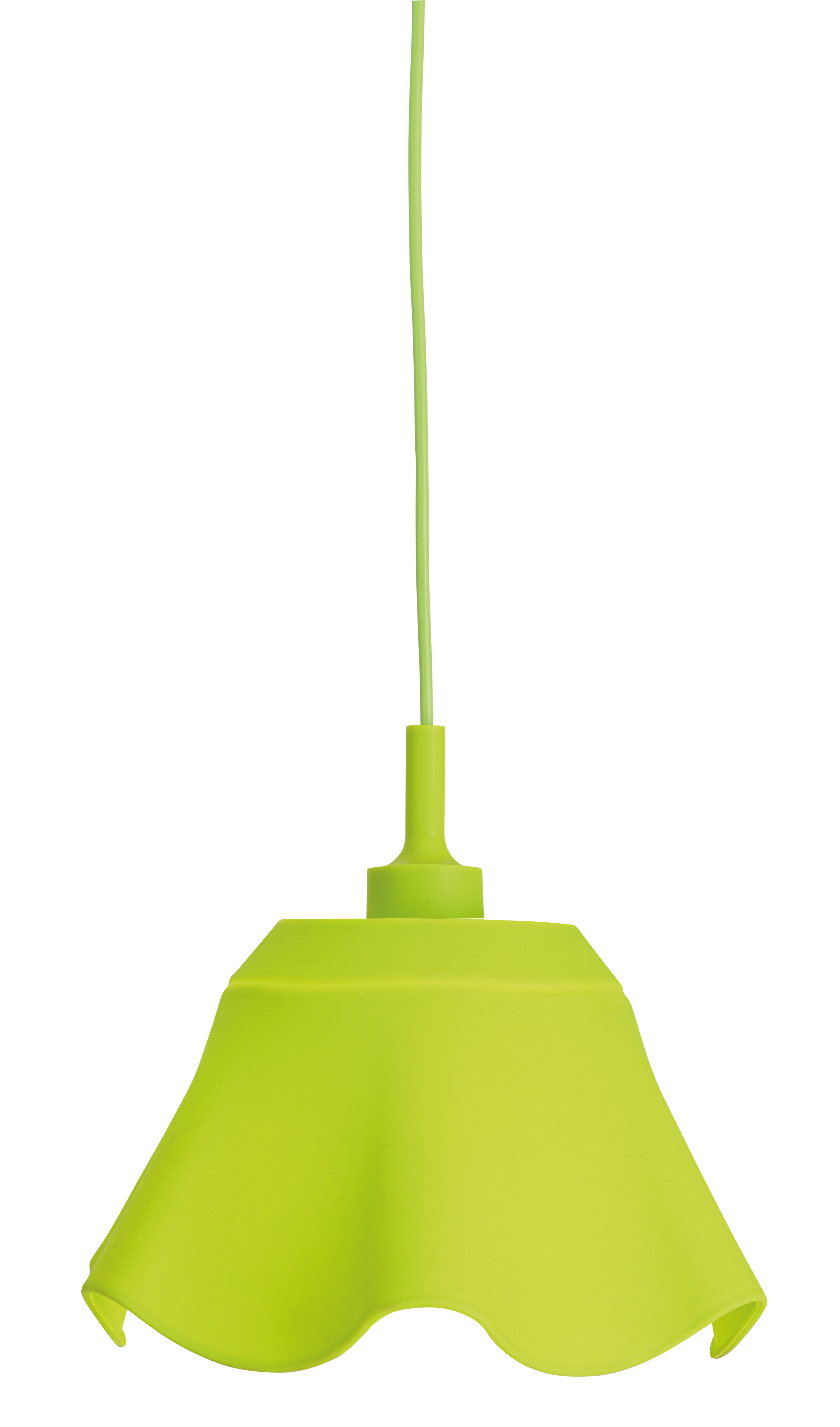 Eine limettengrüne Pendelleuchte mit einzigartigem Schirmdesign, hängend auf weißem Hintergrund.