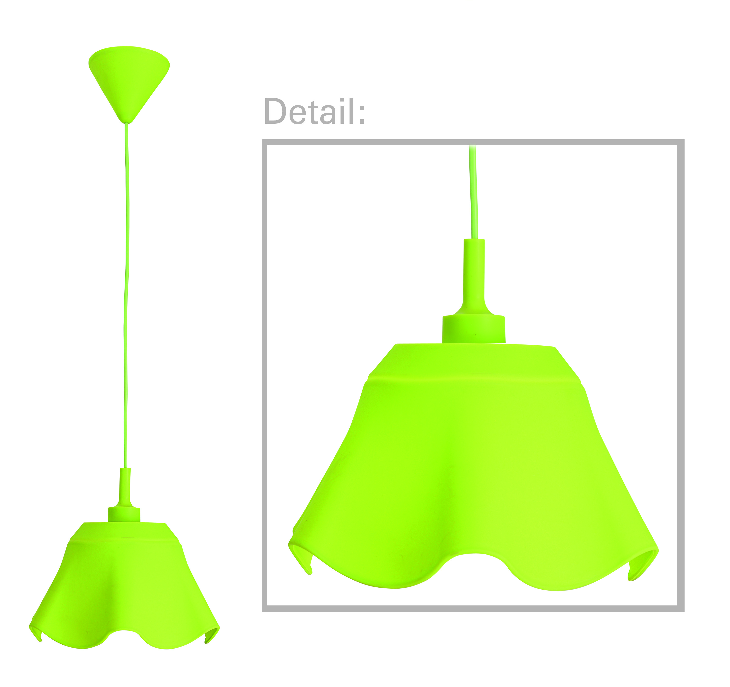 Eine limettengrüne Pendelleuchte mit einzigartigem Schirmdesign und Detailansicht.