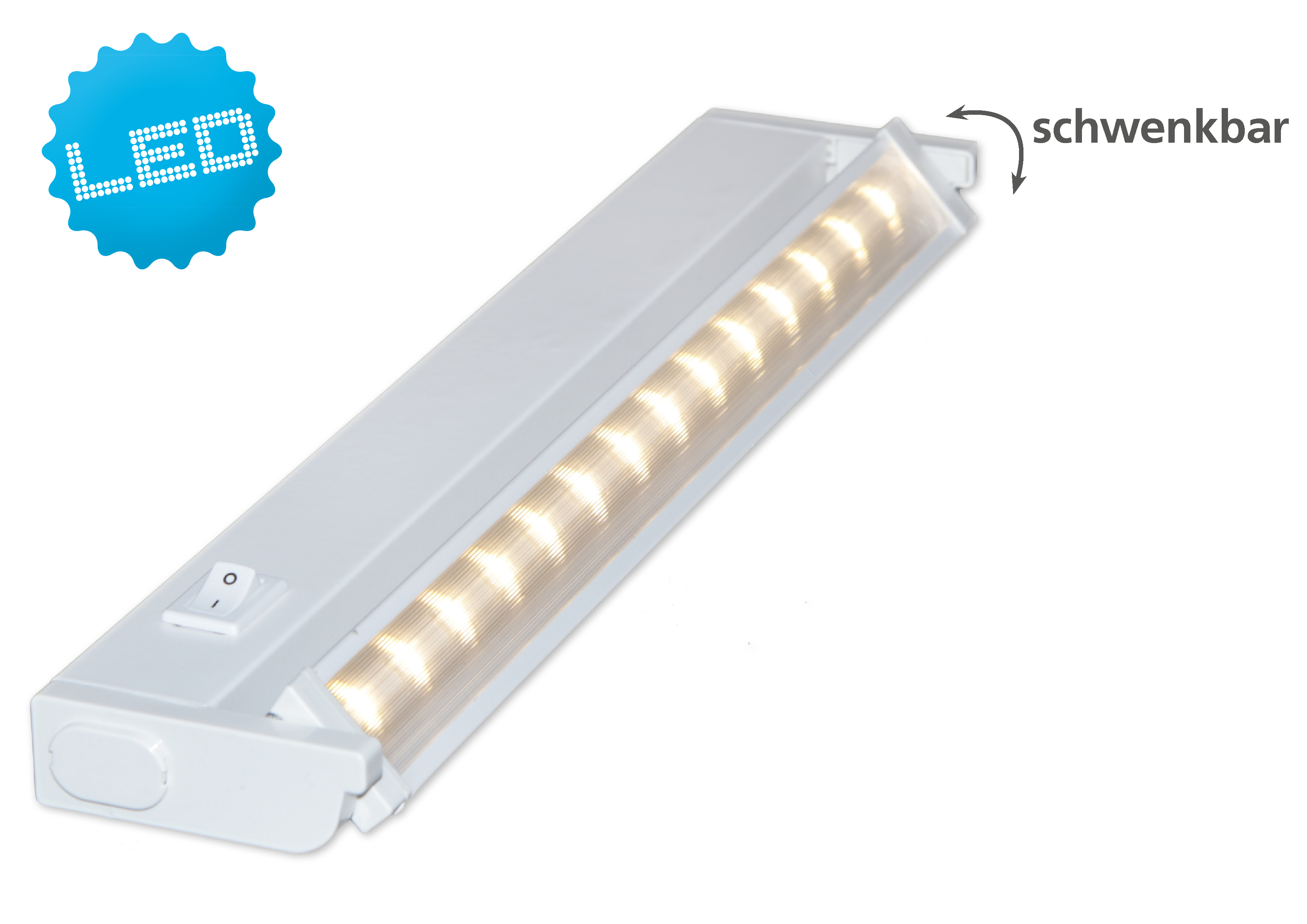 Weiße LED-Leuchte mit Schalter und LED-Etikett. Das Gerät steht vor weißem Hintergrund.