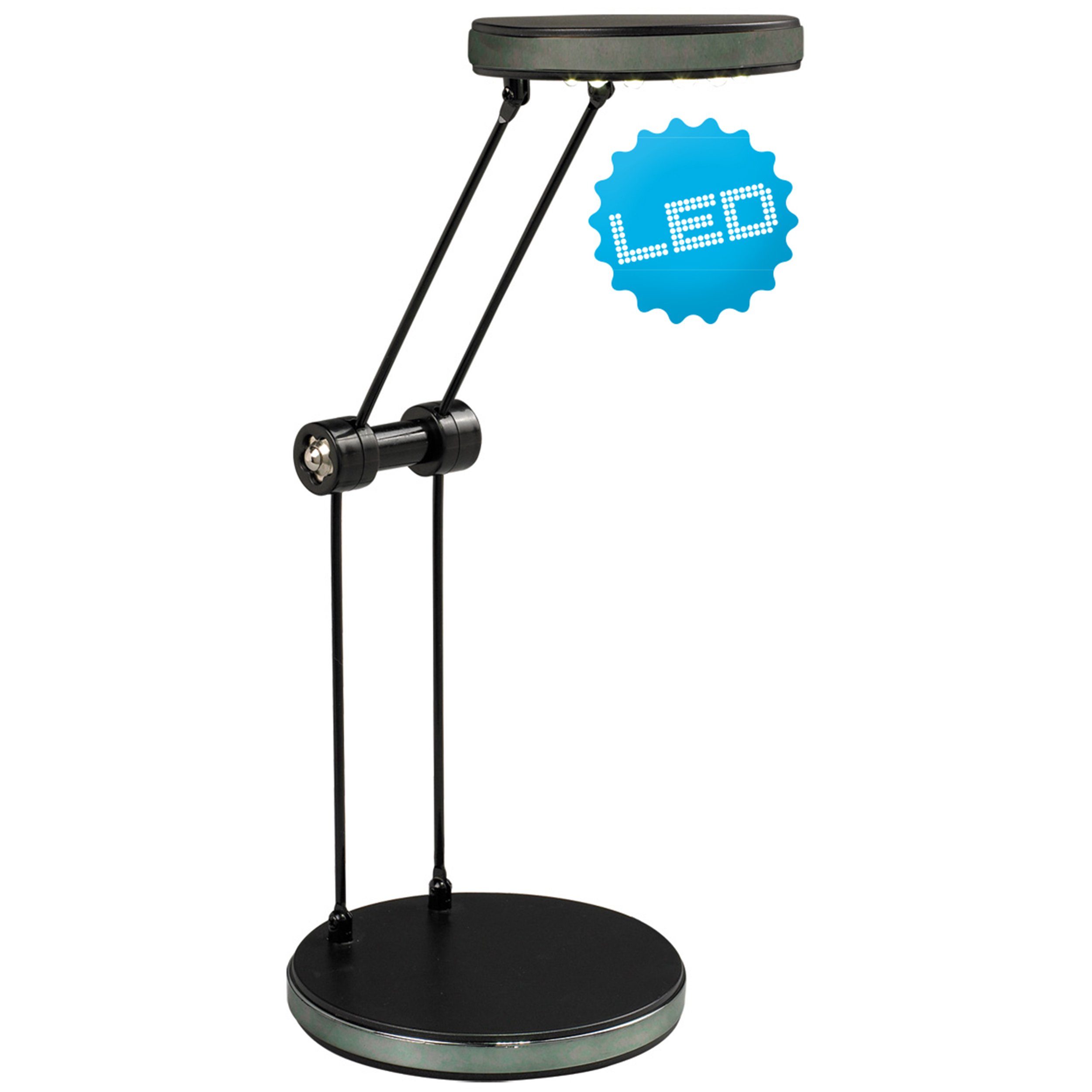 Eine schwarze Schreibtischlampe mit LED-Etikett. Sie befindet sich auf weißem Hintergrund.