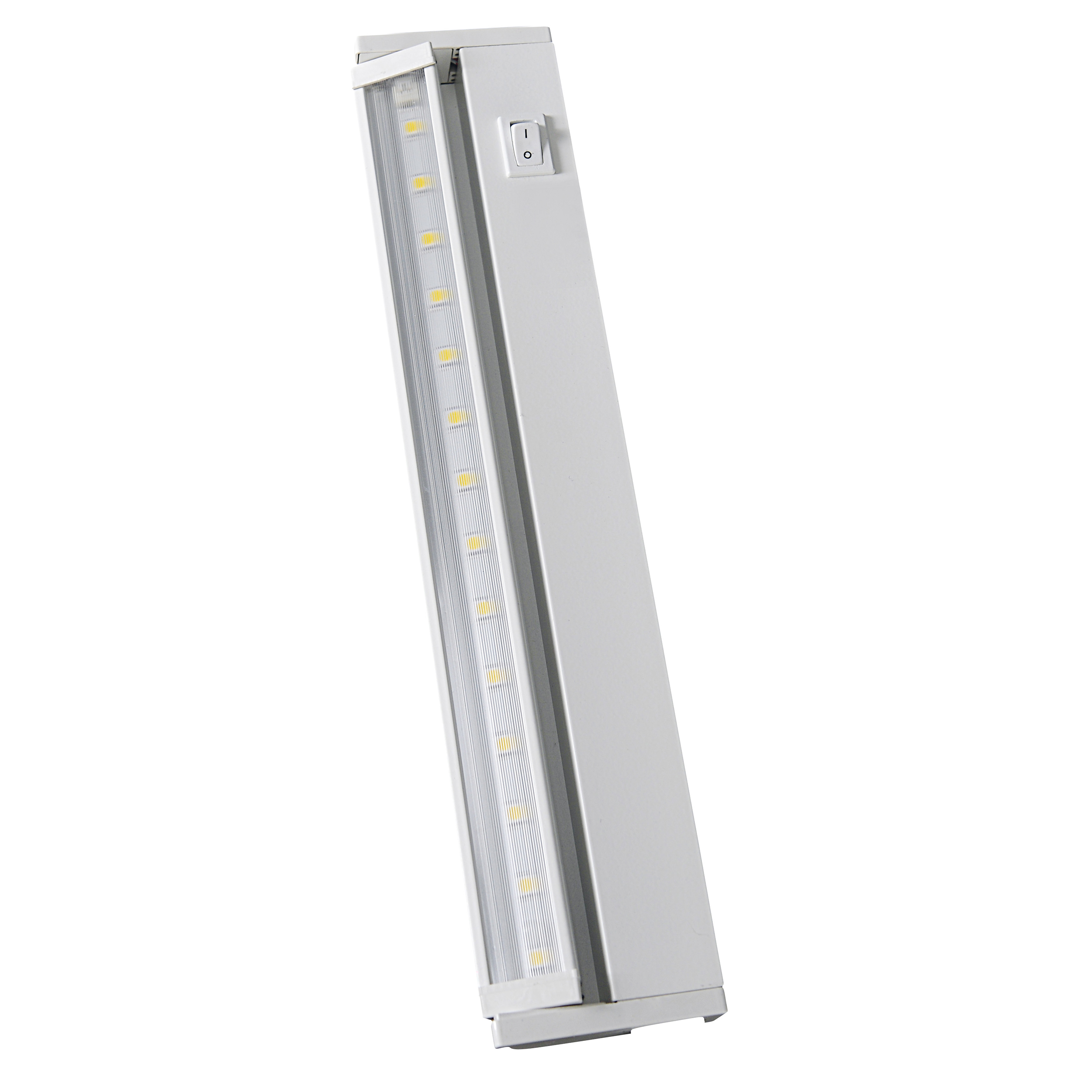 Eine weiße LED-Leuchte mit Schalter. Sie ist vor einem weißen Hintergrund abgewinkelt.