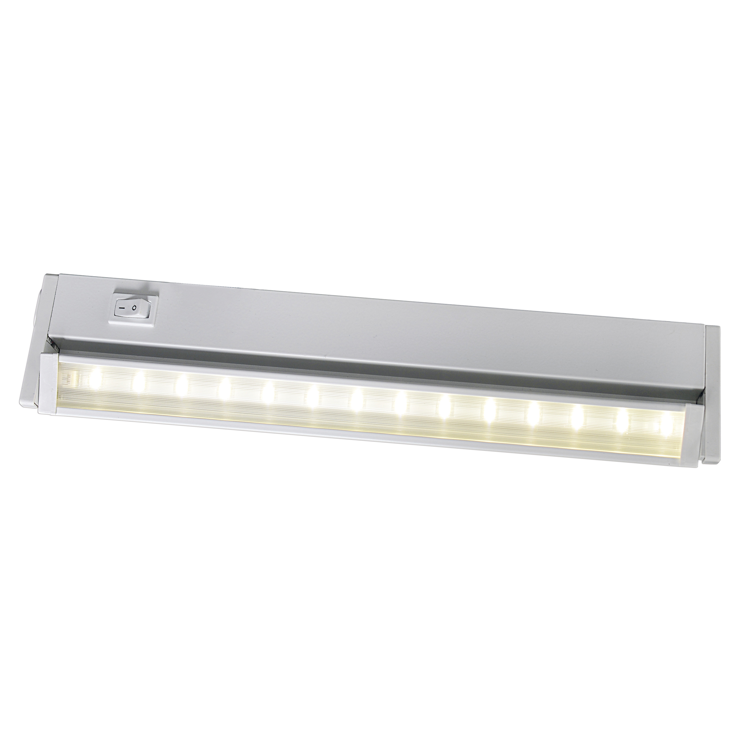 Eine silberne LED-Leuchte mit Schalter, auf weißem Hintergrund, eingeschaltet.