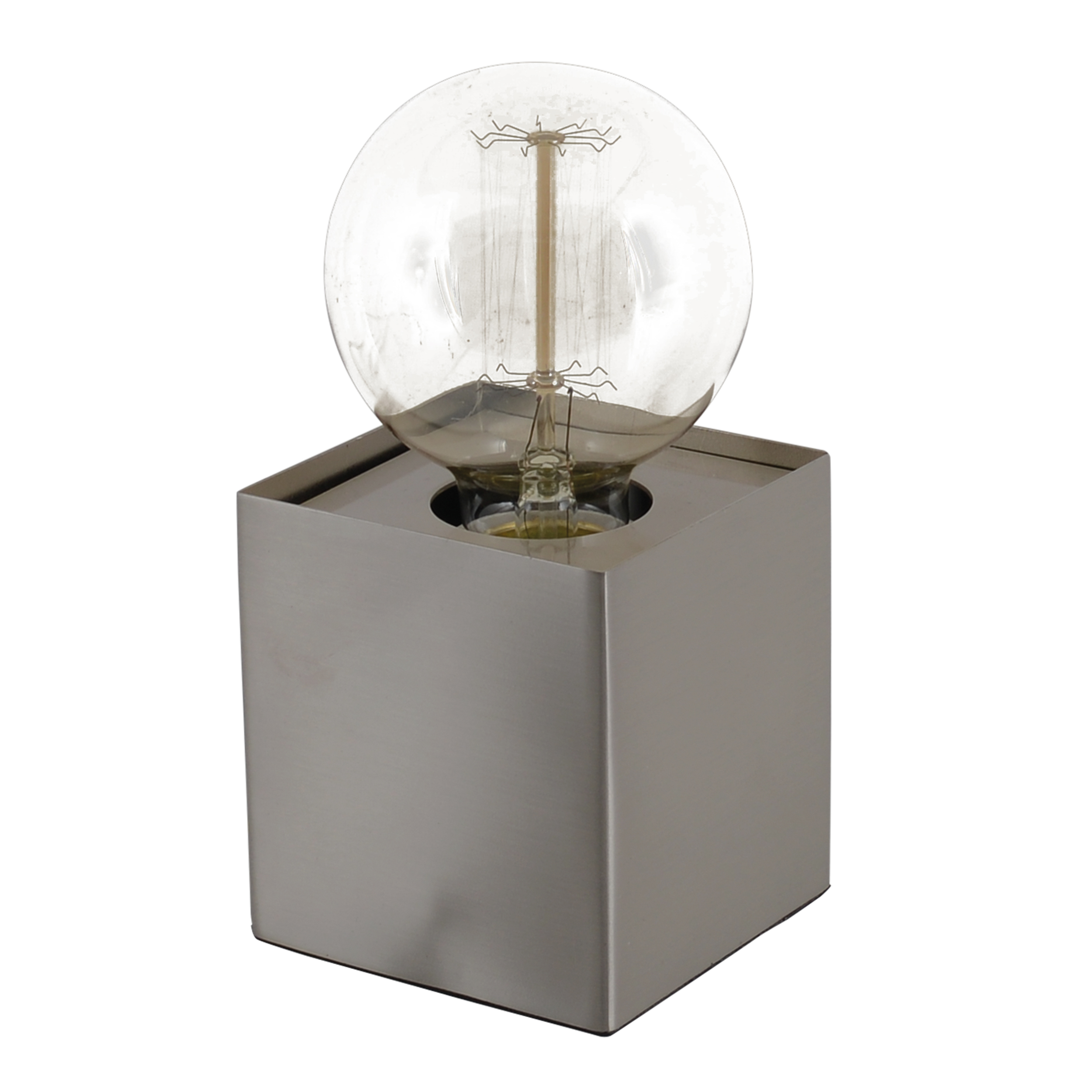 Eine quadratische Metalllampe mit einer kugelförmigen Glühbirne auf weißem Hintergrund.