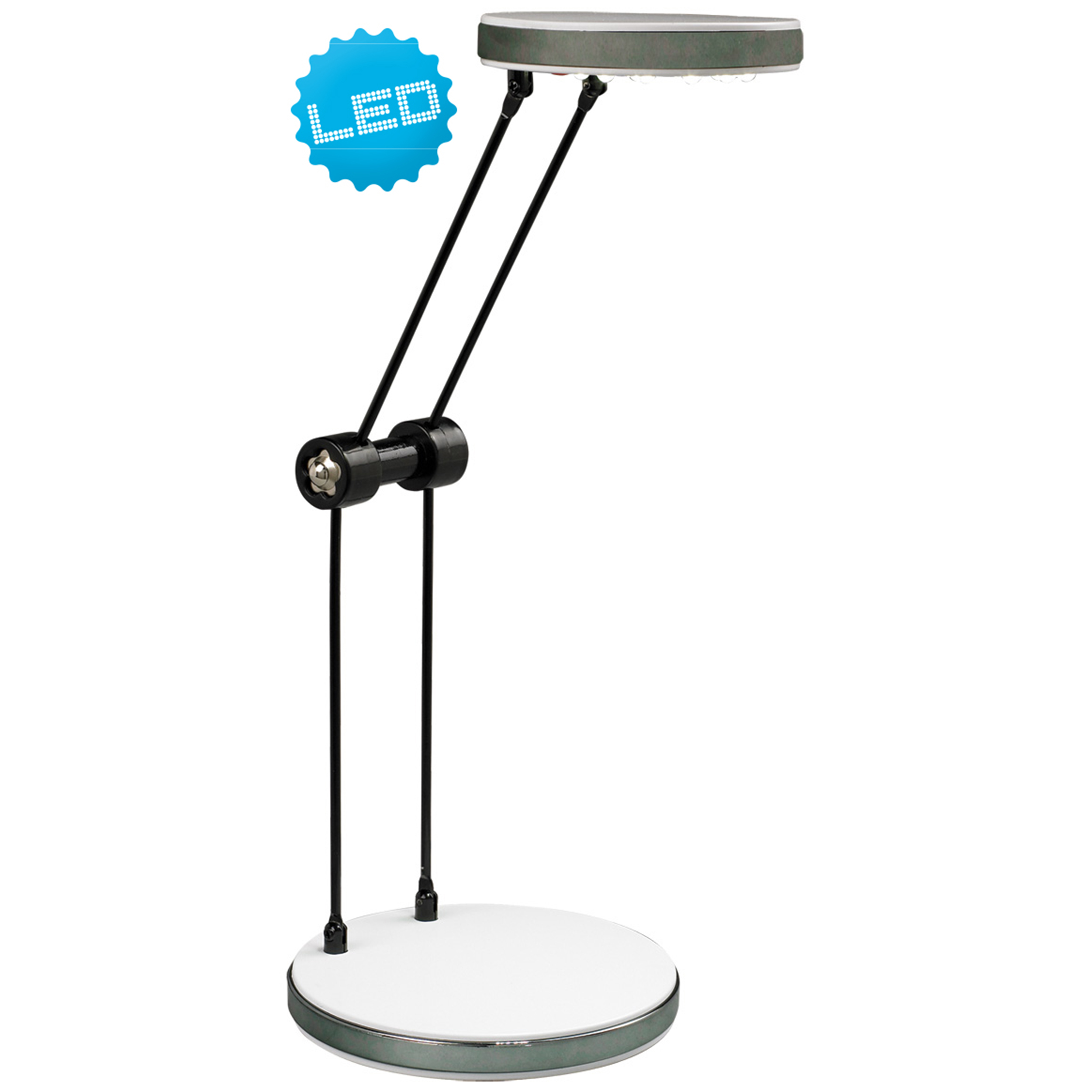 Eine Schreibtischlampe mit weißem Fuß und schwarzem, verstellbarem Arm, mit LED-Etikett.