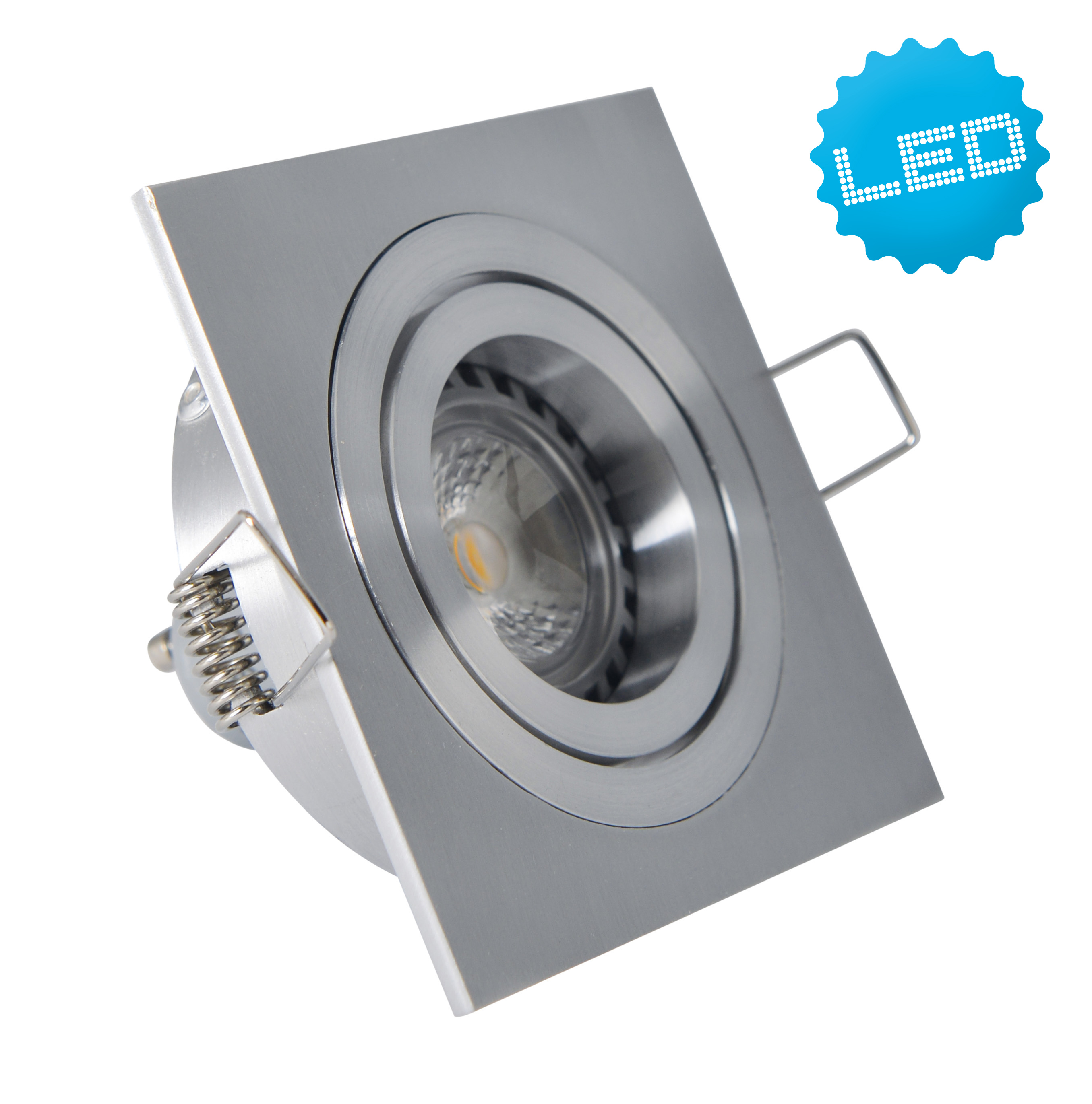 Ein quadratischer LED-Einbaustrahler mit silbernem Rahmen und blauem LED-Etikett.