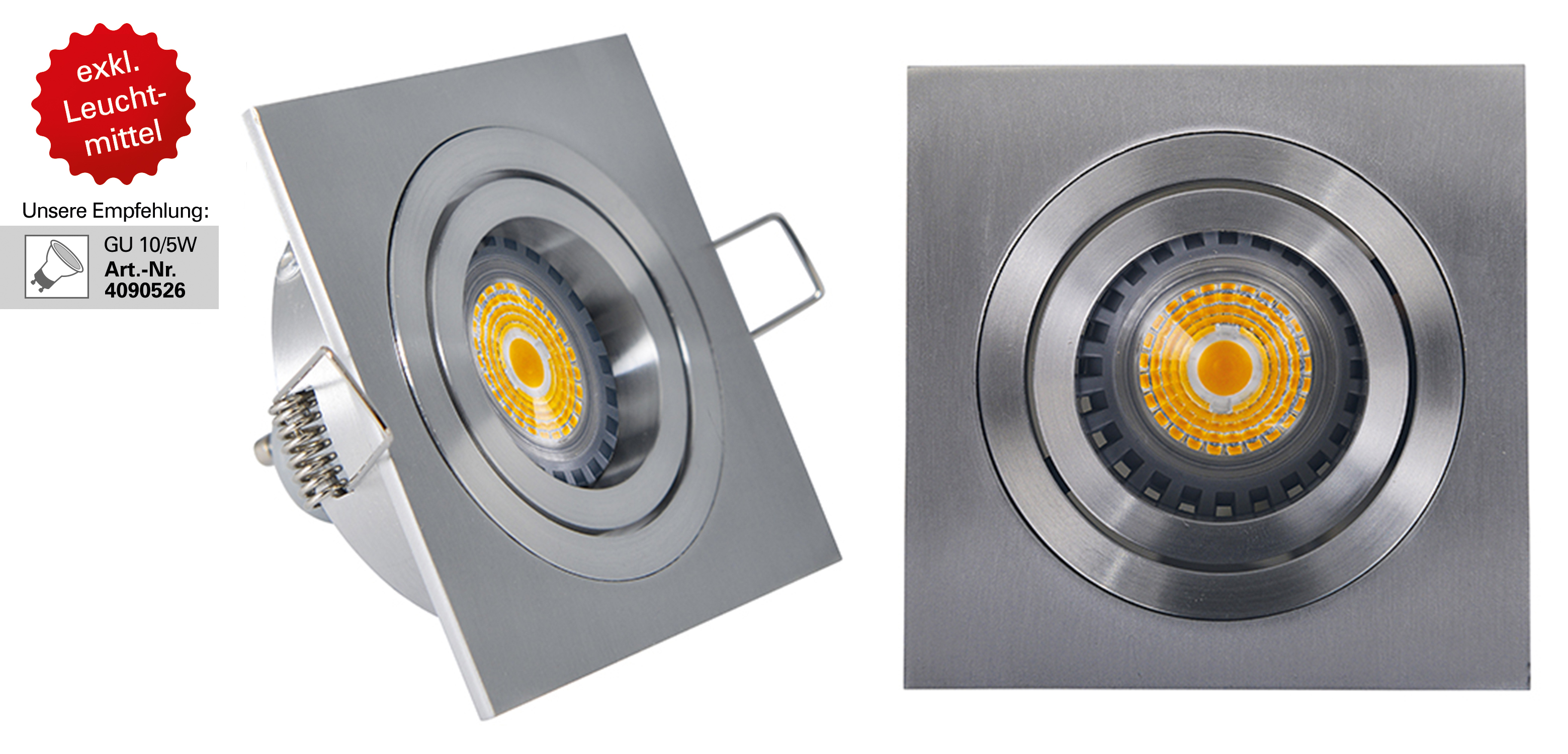 Eine quadratische Einbauleuchte mit fokussierter Lichtquelle und Details auf Deutsch.