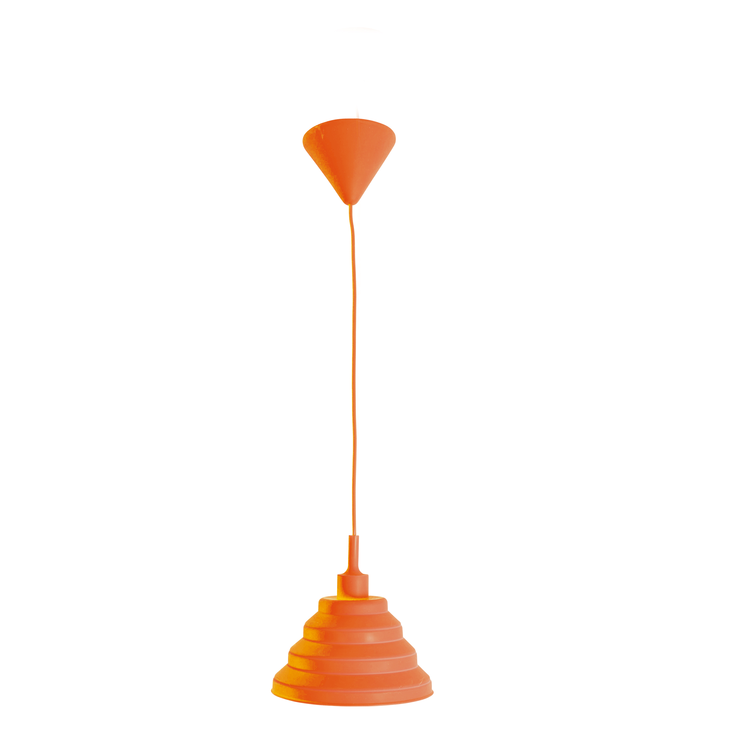 Eine orangefarbene Pendelleuchte mit Kegelform.