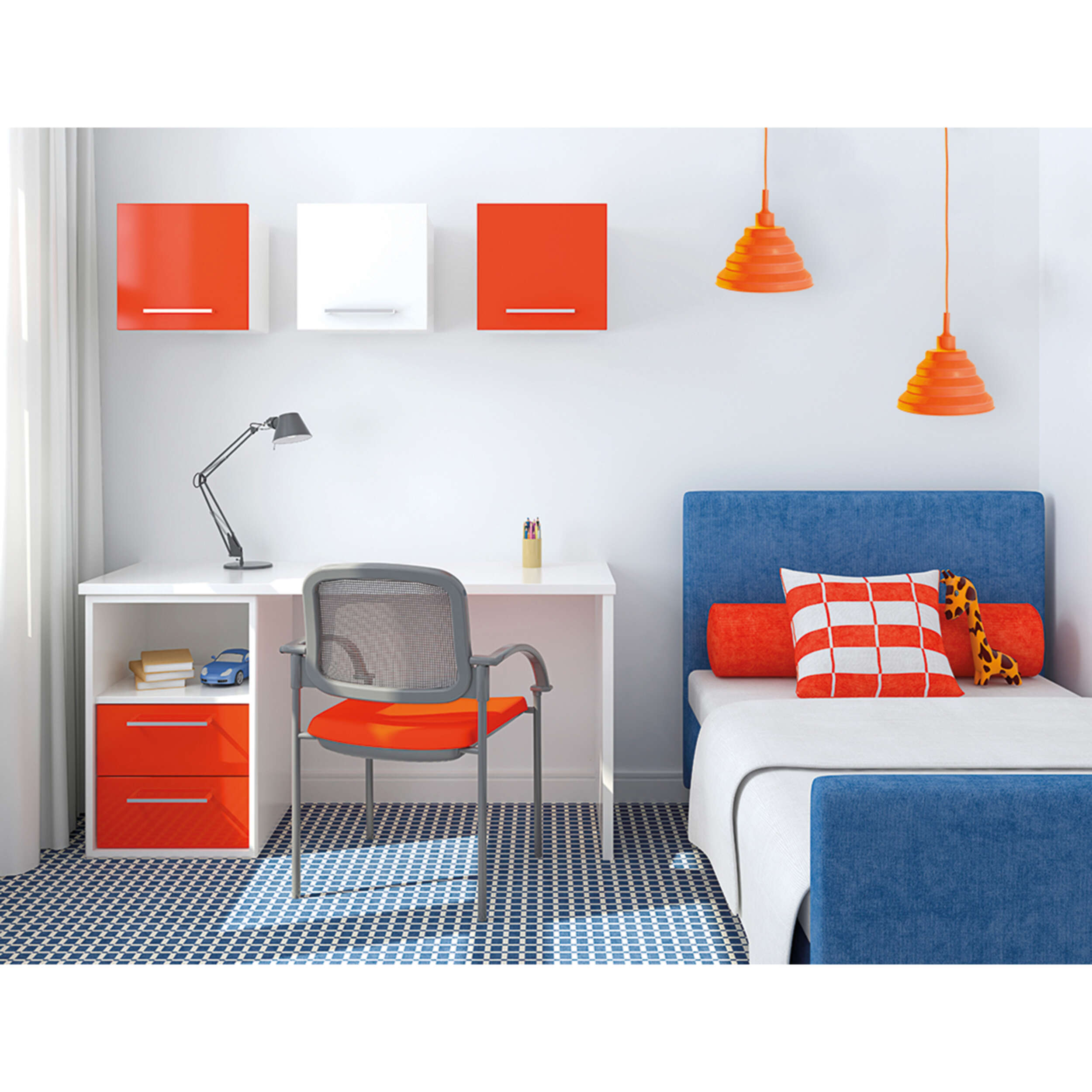 Ein Kinderzimmer mit Schreibtisch, Regalen, Bett und orangefarbenen Hängeleuchten.