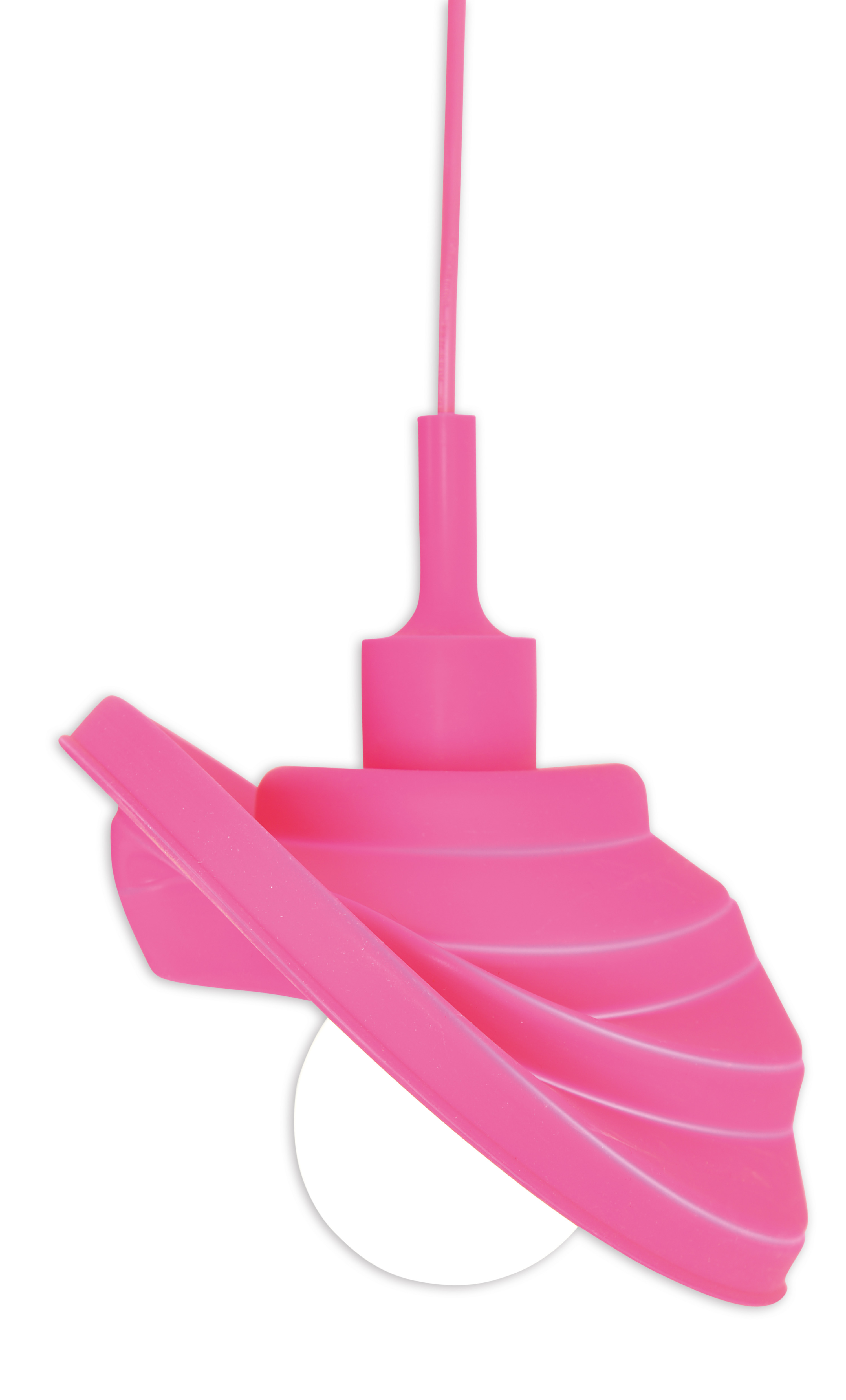 Eine pinkfarbene Pendelleuchte auf weißem Hintergrund. Der Lampenschirm hat ein Spiraldesign.