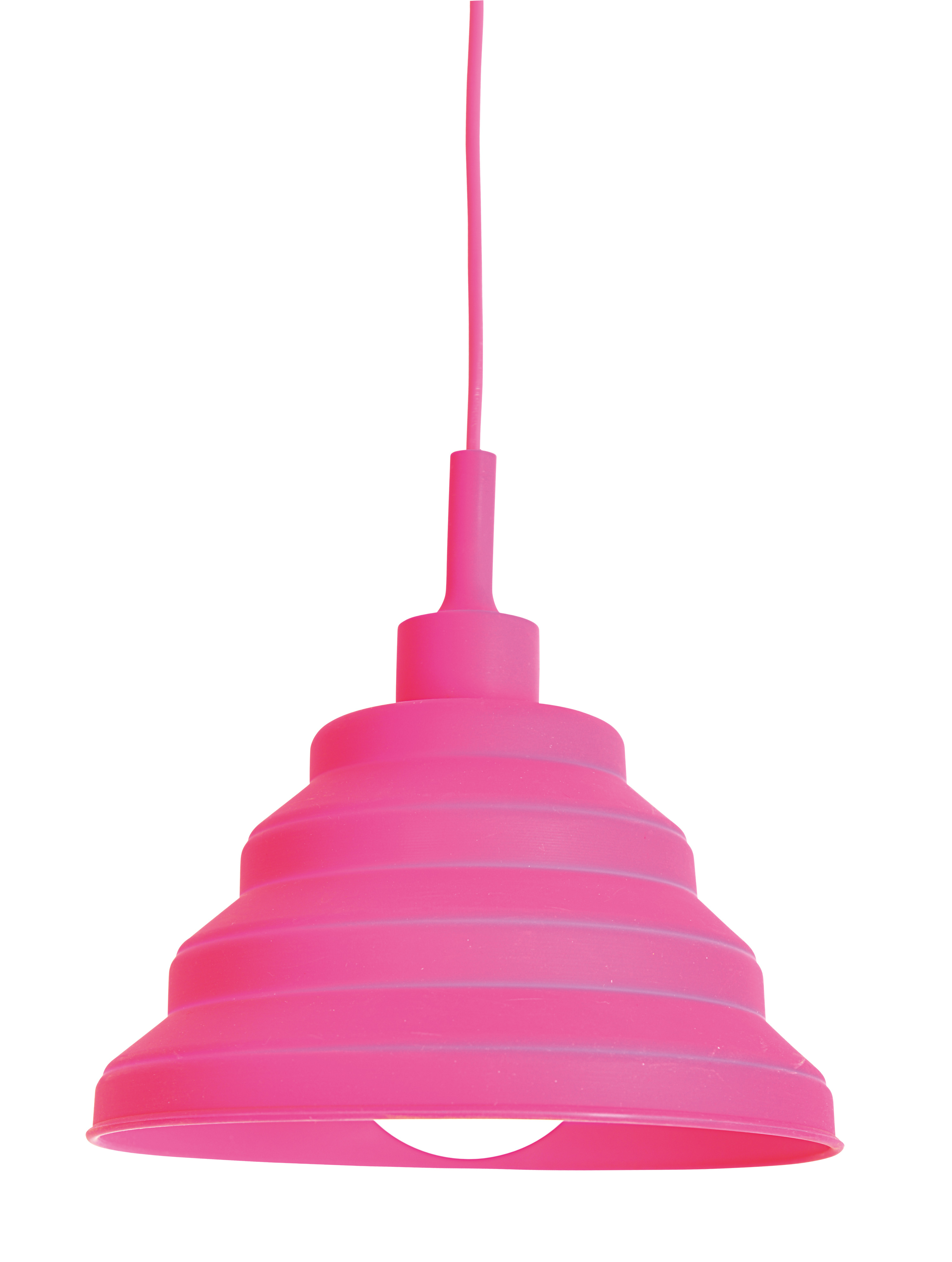 Eine rosa Pendelleuchte mit spiralförmigem Schirm, hängend an einem rosa Kabel.