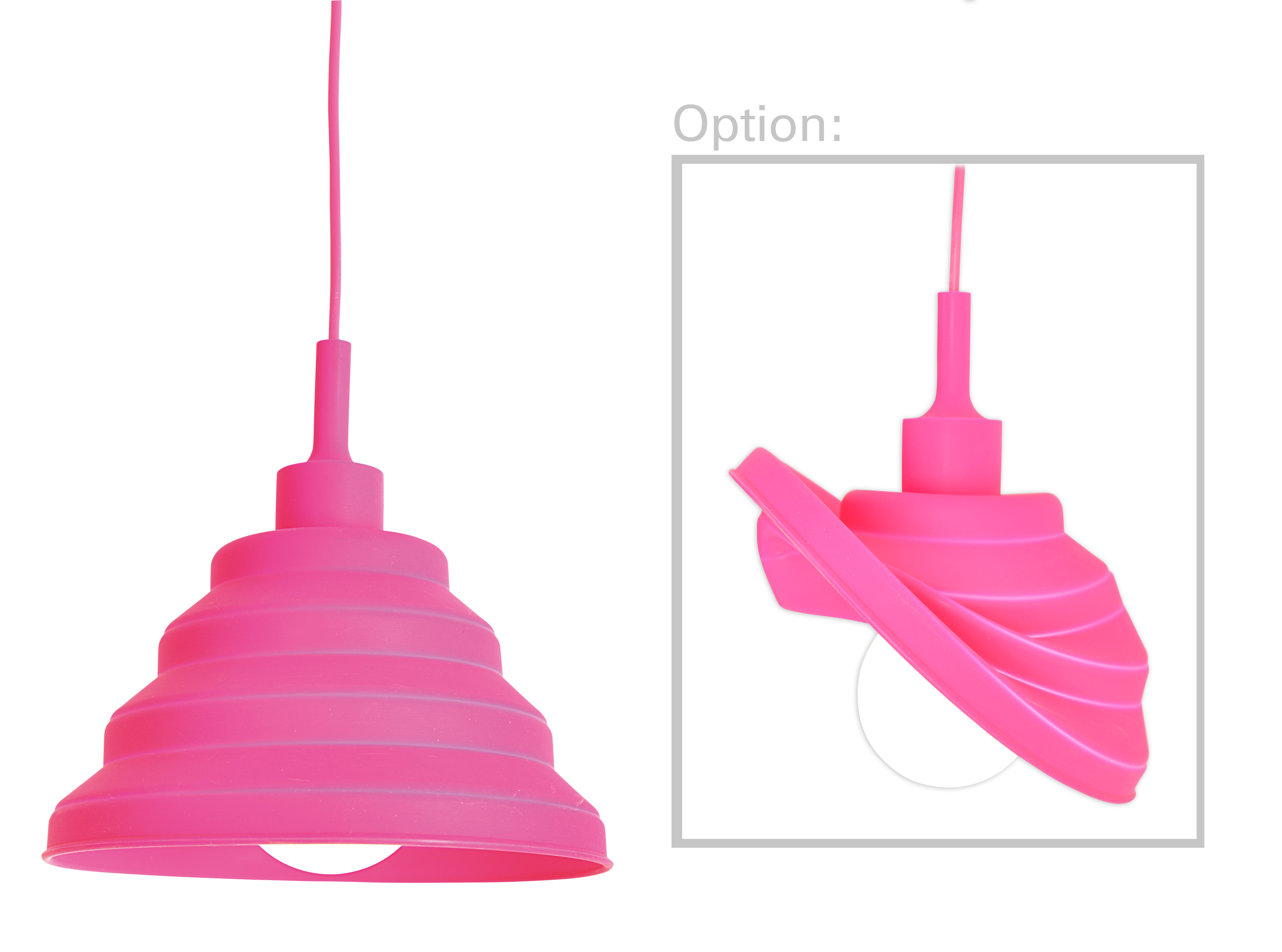 Pinkfarbene, kegelförmige Pendelleuchte auf weißem Grund. Detail zeigt die gefaltete Form.