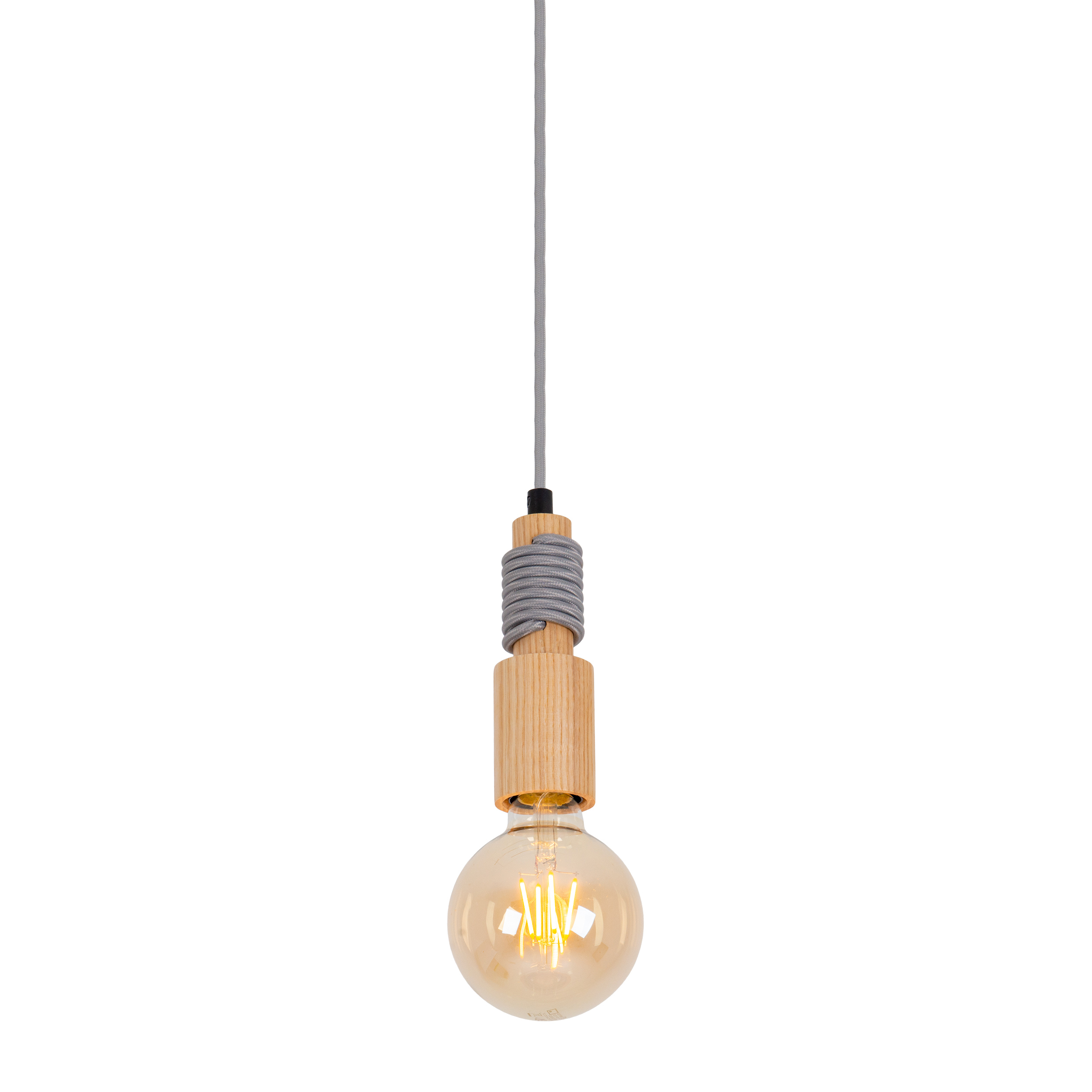 Pendelleuchte mit Glühbirne, Holz- und graues Kabeldesign.