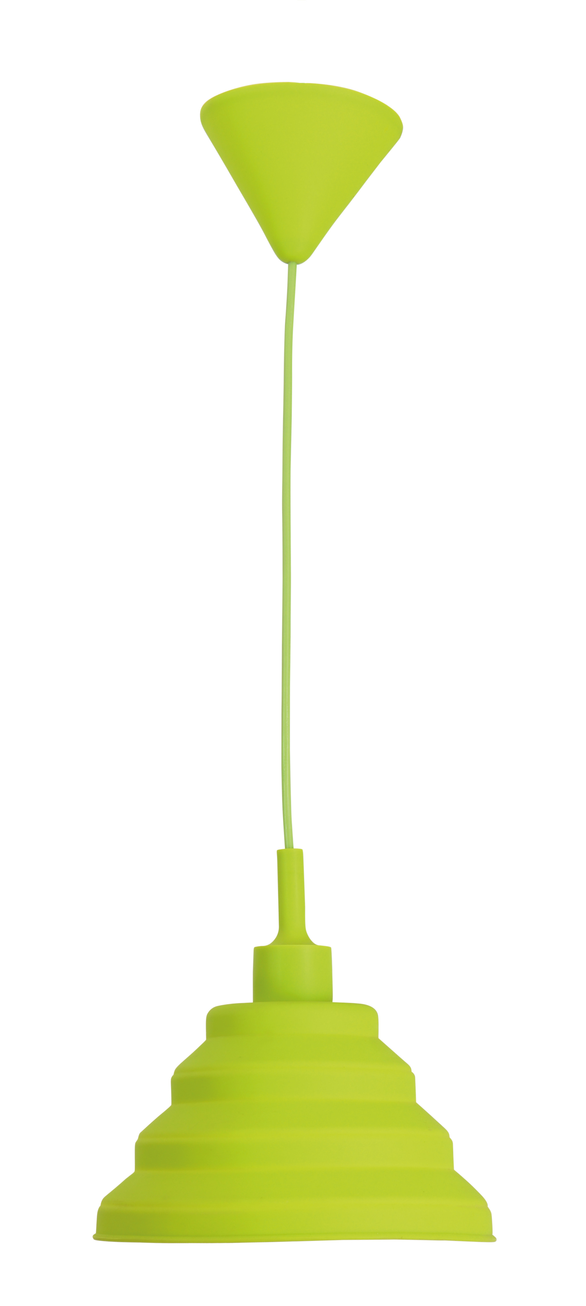 Grüne Pendelleuchte mit kegelförmigem Schirm, weißem Hintergrund und blauem Kabel.